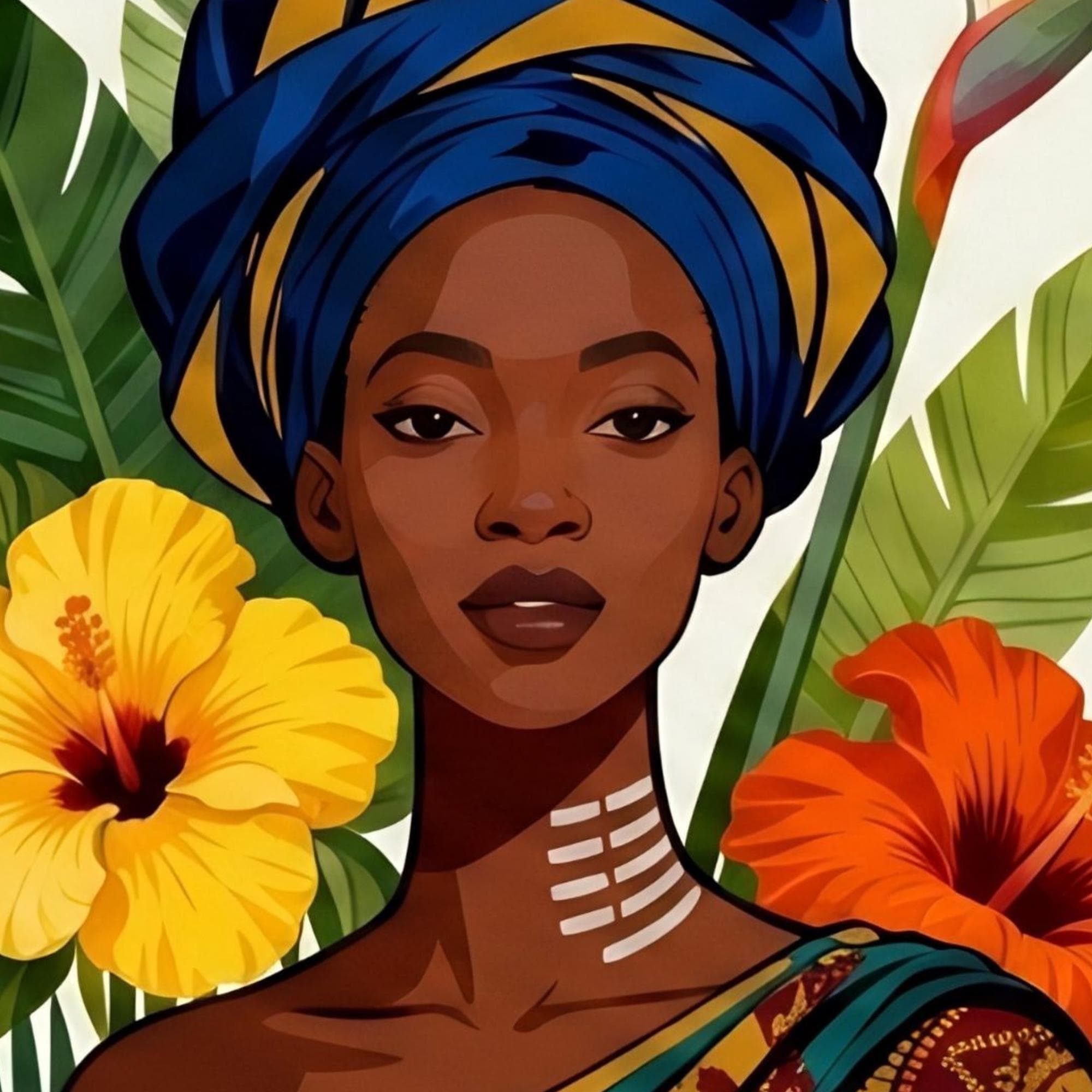 Modern African Woman Portrait — Bold Colors, Cultural Elegance, Tropical Harmony