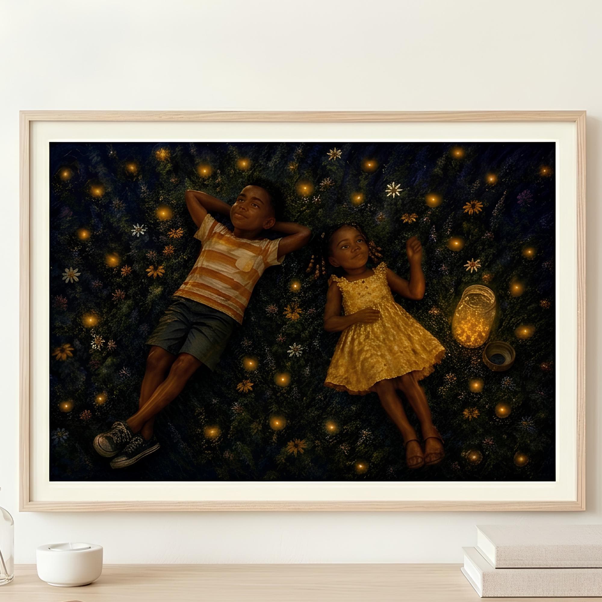 Firefly Dreams African American Children Wall Art, Magical Summer Night Poster (Digital Download)