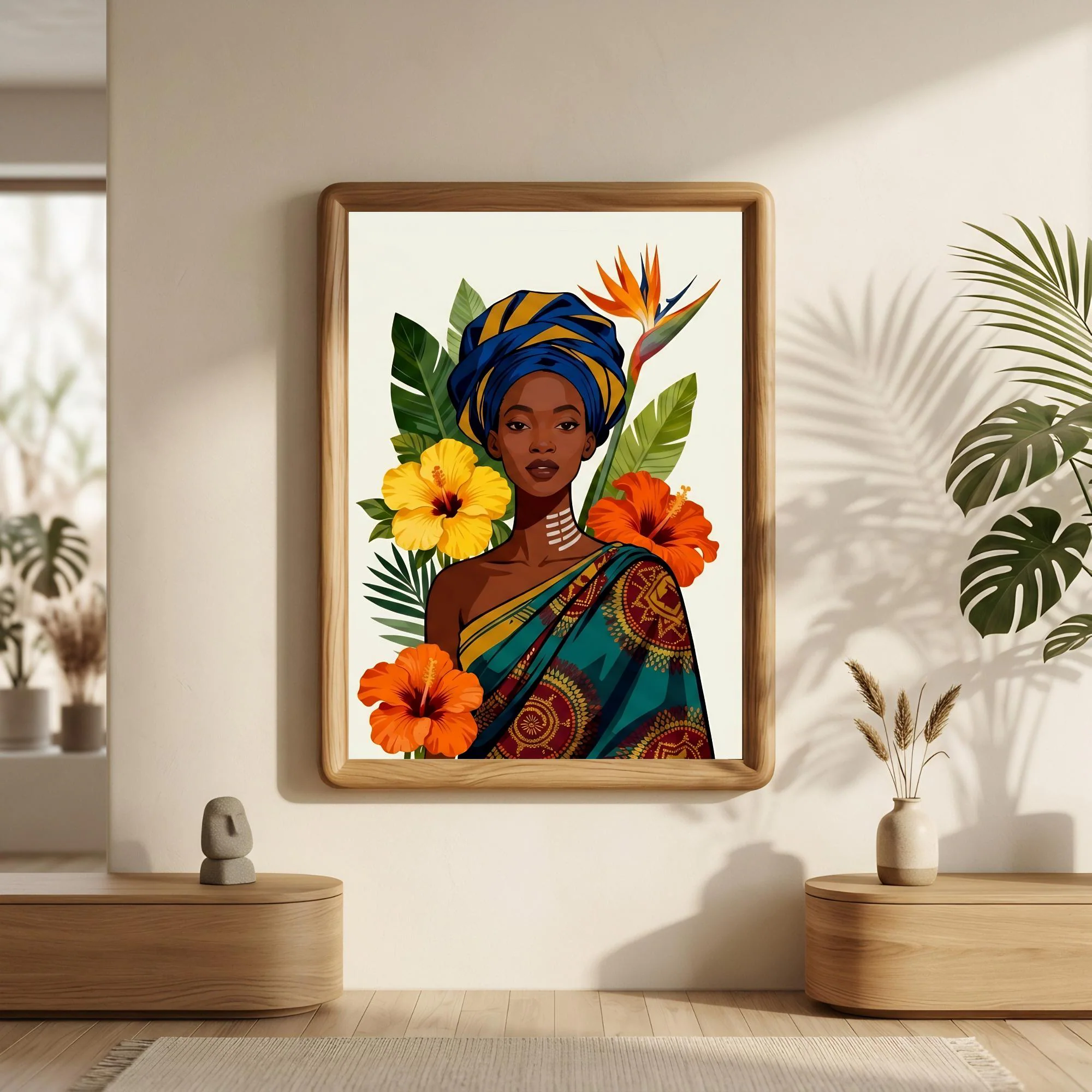 Tropical Afrocentric portrait printed and framed on a warm beige living room wall beside monstera plant