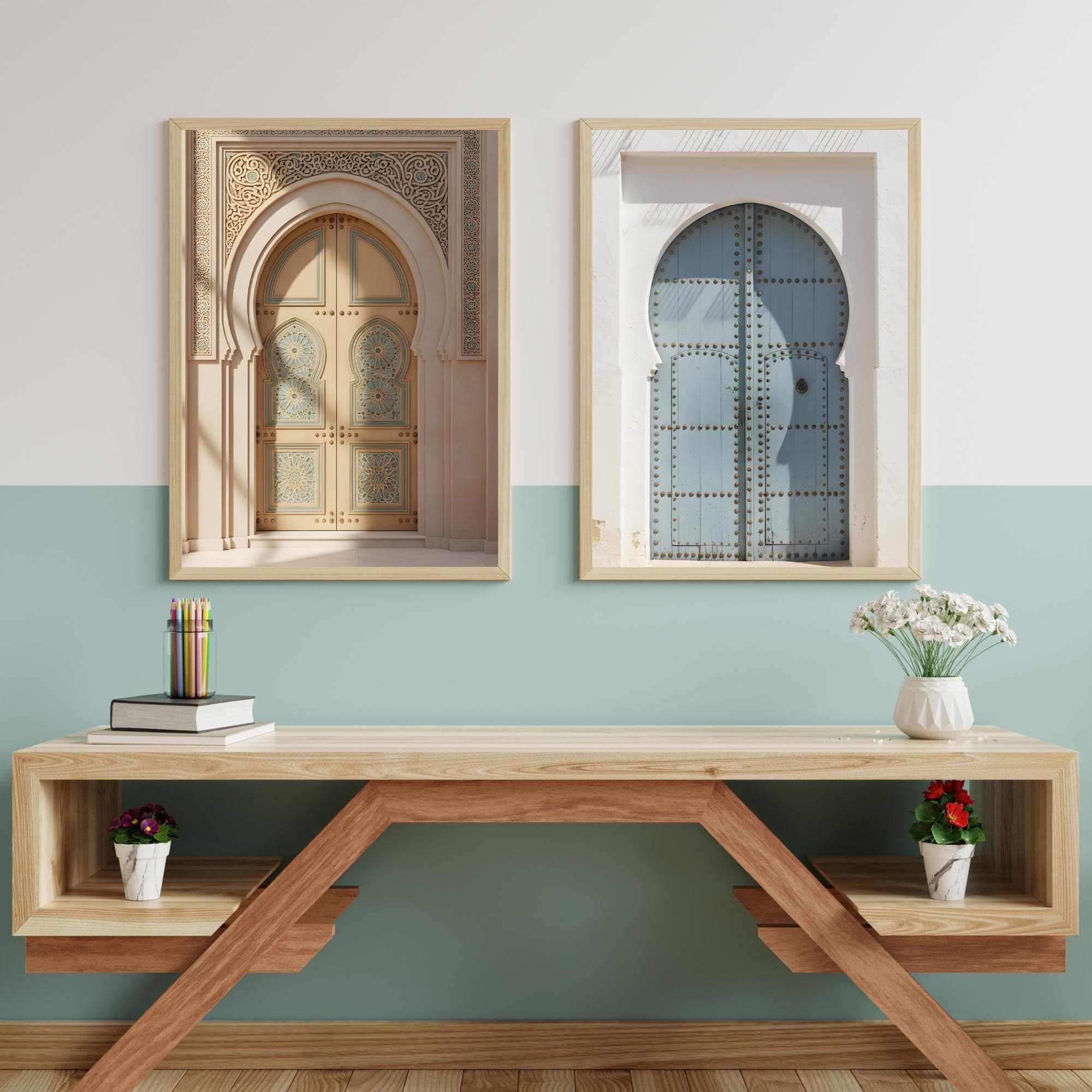 Moroccan Blue Door Art Set of 2, Andalusian Arch Printable Boho Mediterranean Home Decor