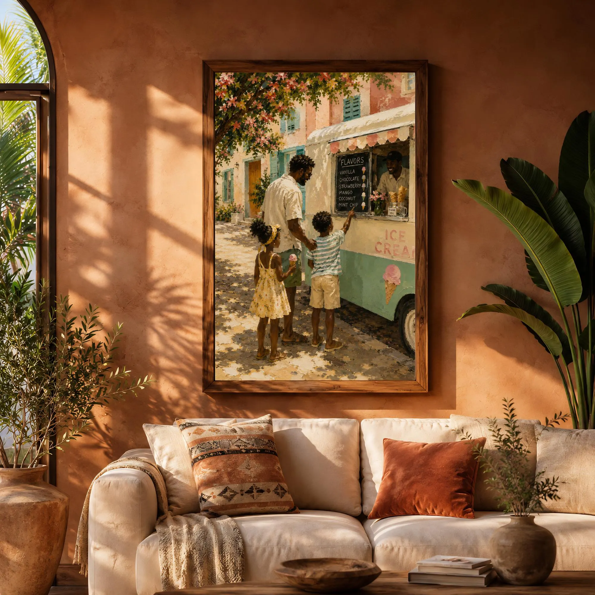 Fathers Day Gift Black Family Art Summer Memory Scene Ice Cream Truck Nostalgia Warm Family Moment African American Home Gallery Print Playroom Wall Art Father Children Together Joyful Childhood Scene Vintage Neighborhood Summer Golden
