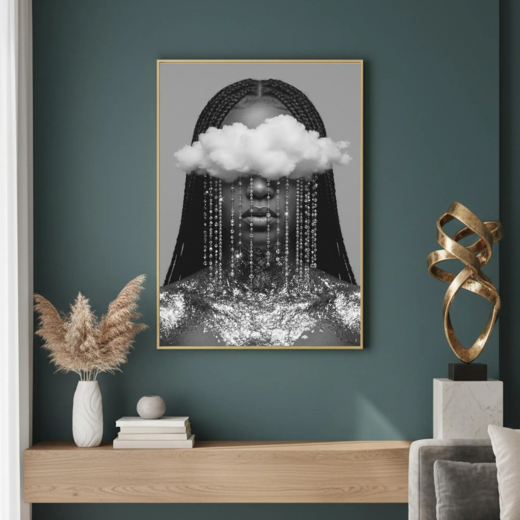 Mental Health Black Woman Portrait, Afro Glitter Art Print, Therapy Room Decor, Instant Download