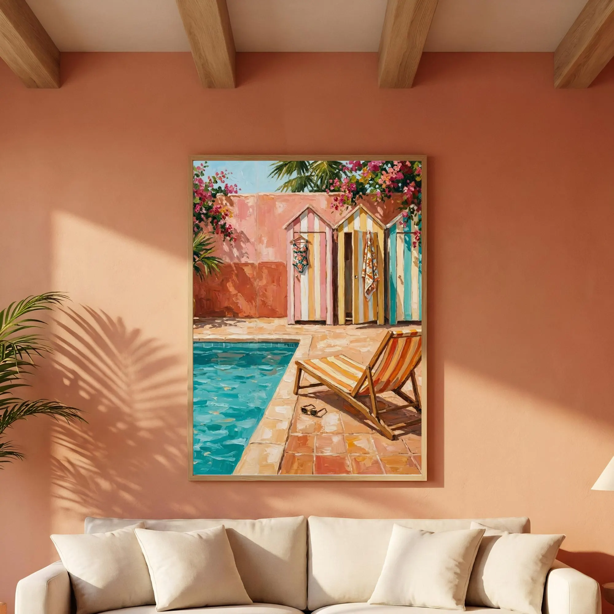 Painterly tropical poolside artwork featuring pink yellow and turquoise cabanas with warm terracotta architecture and bougainvillea flowers
