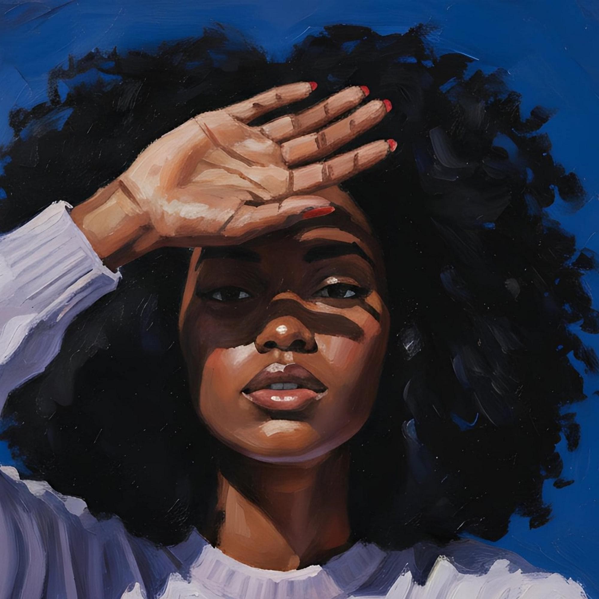 Modern Black woman portrait with natural afro, hand shielding eyes, warm contemporary lighting, shown in white frame on neutral wall