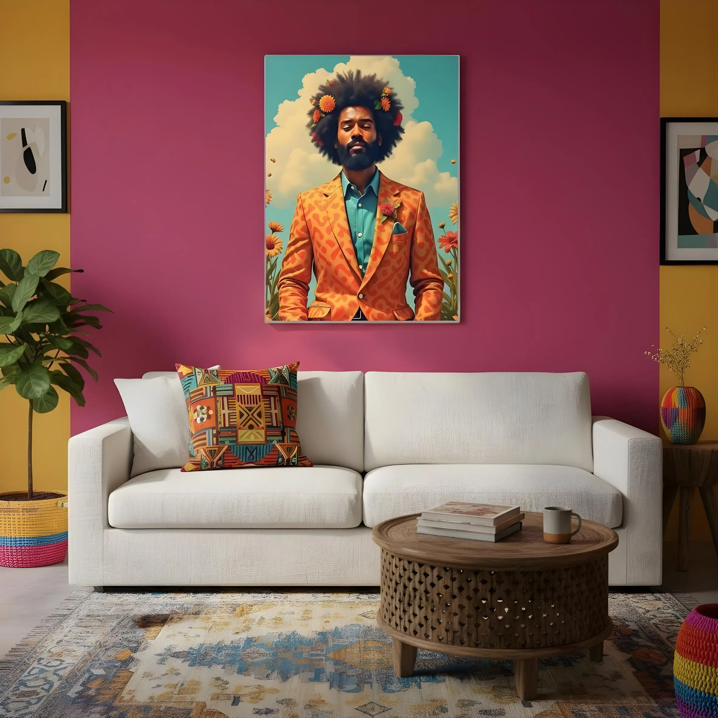 Afrocentric man with large natural afro surrounded by tropical flowers, vibrant warm tones, framed wall art print