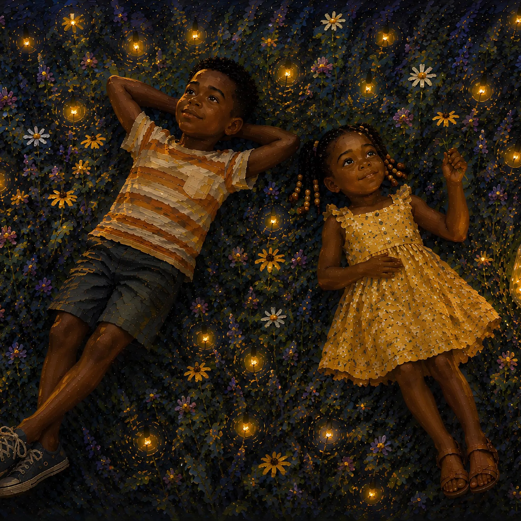 Firefly Dreams digital artwork showing a Black brother and sister lying in a flower meadow surrounded by glowing fireflies at night.