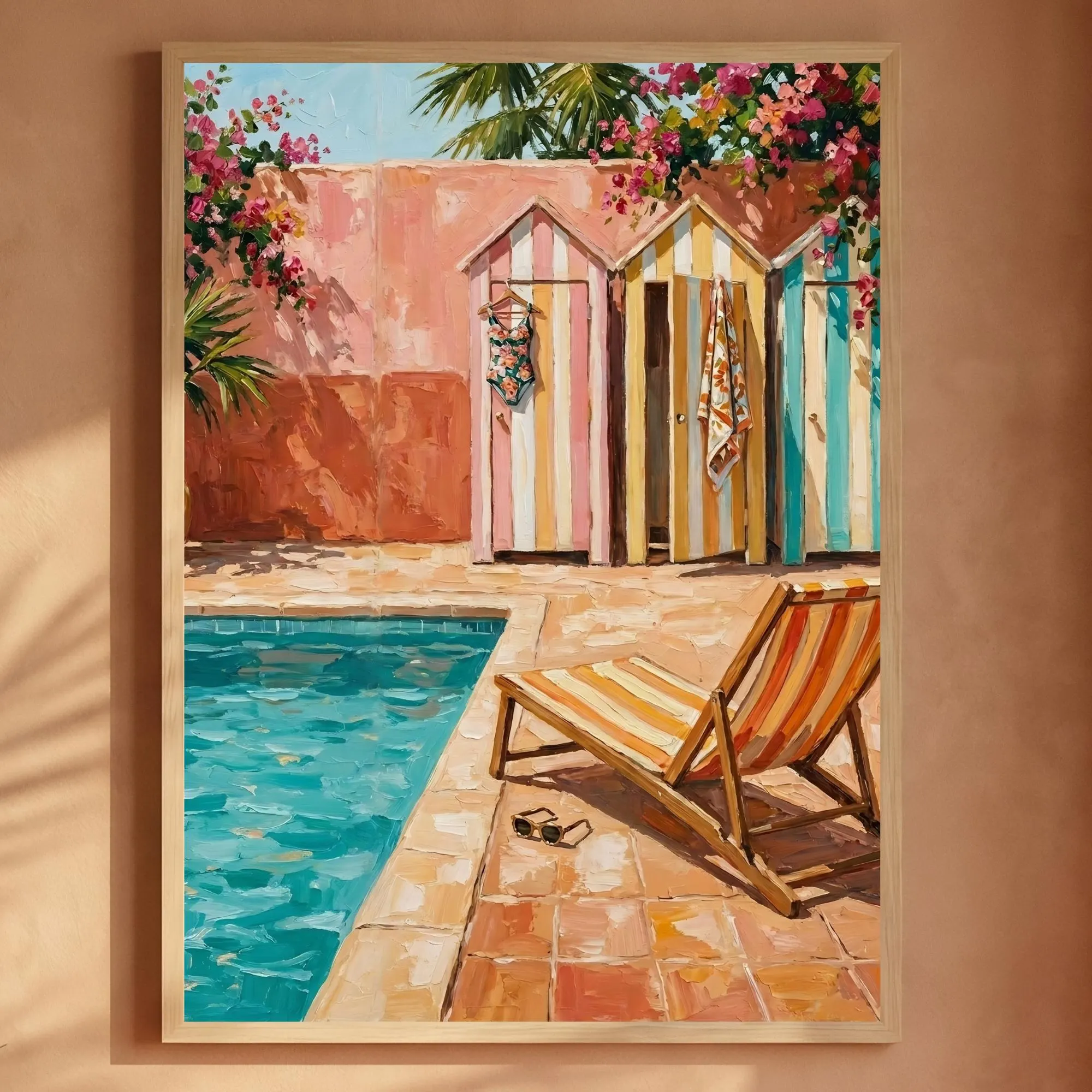 Poolside Cabanas Oil Painting Print, Mediterranean Summer Wall Art (Digital Download)