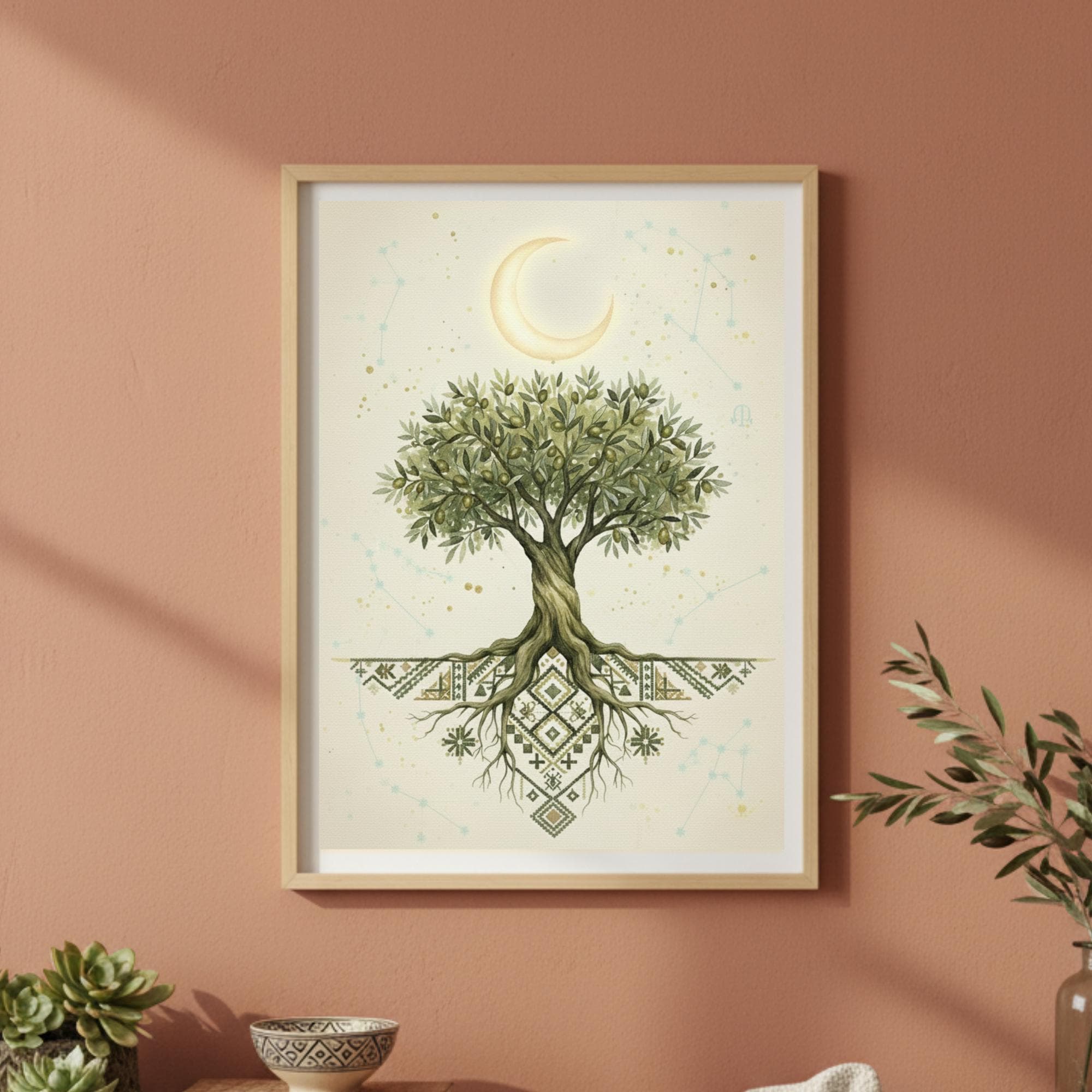 Watercolor olive tree of life under golden moon with tatreez roots.

Celestial olive tree wall art symbolizing Palestinian heritage.