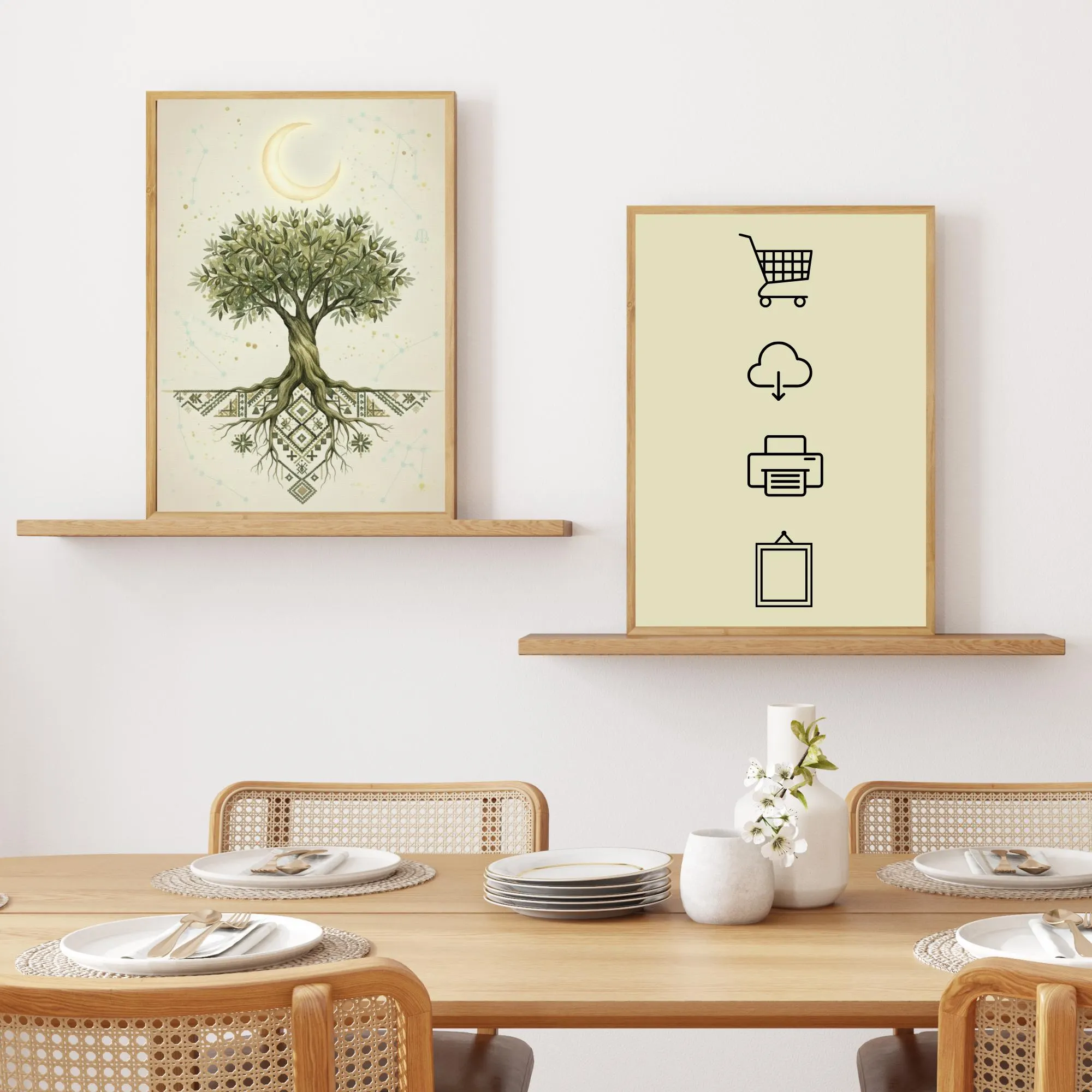 Middle Eastern watercolor print of roots and constellations.

Heritage olive tree wall decor blending culture and cosmos.