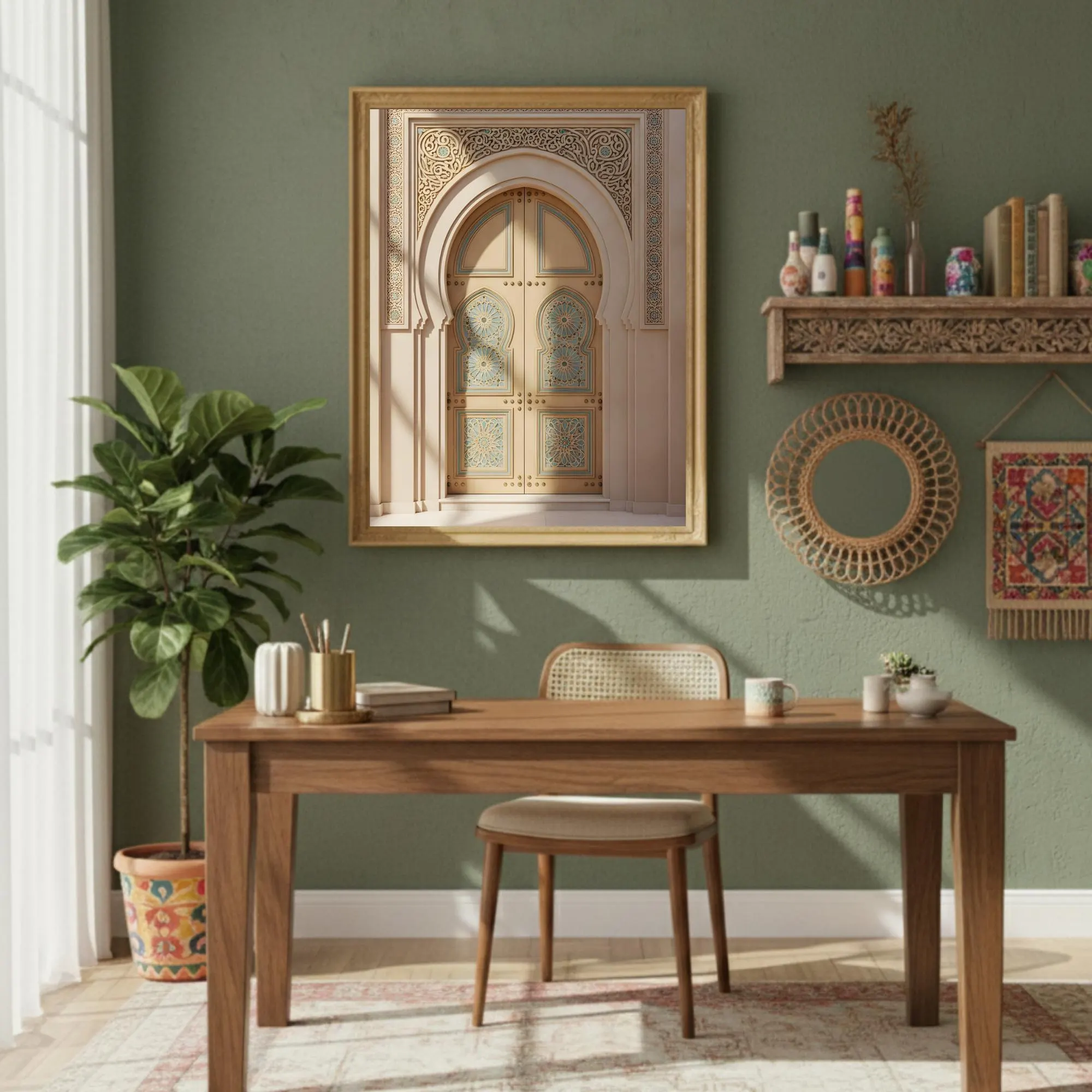 Close-up of a Moroccan carved arch with warm beige stone textures, golden sunlight, and detailed geometric designs. The wooden door adds depth and warmth, making this a sophisticated printable art piece for Mediterranean interiors, boho neutral rooms, and minimalist home decor.
