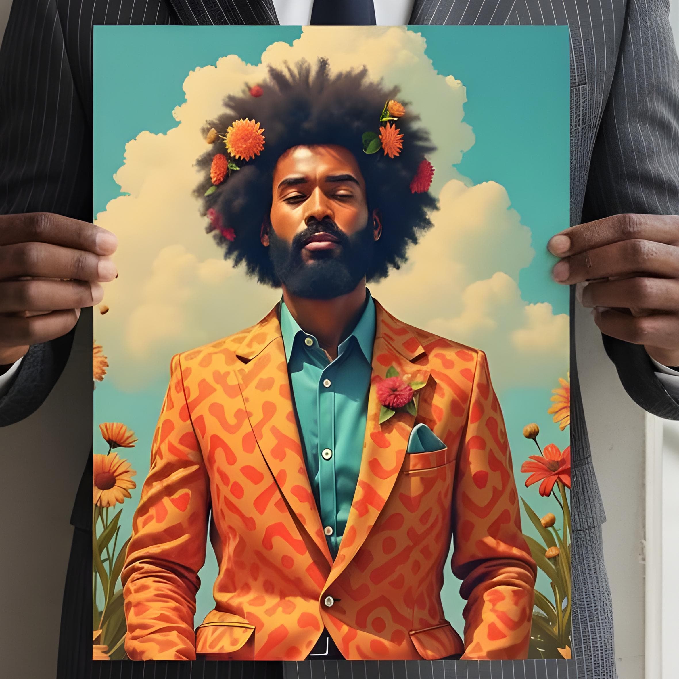 Afrocentric man with large natural afro surrounded by tropical flowers, vibrant warm tones, framed wall art print