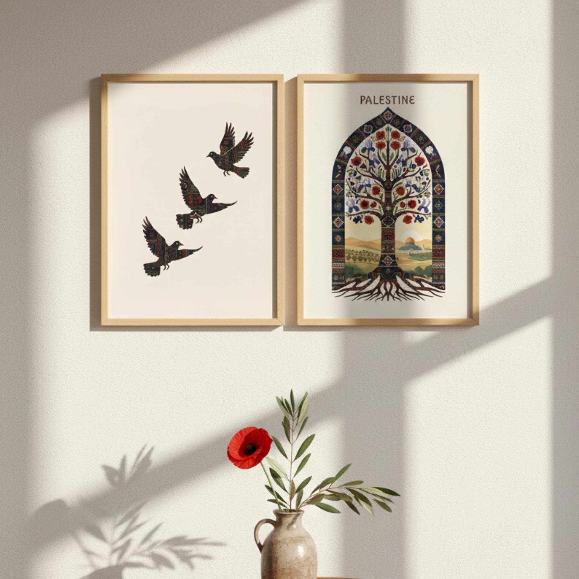 Two Palestinian floral arch art prints with arabesque geometric patterns, warm cultural tones, styled as a set in white frames on neutral wall
