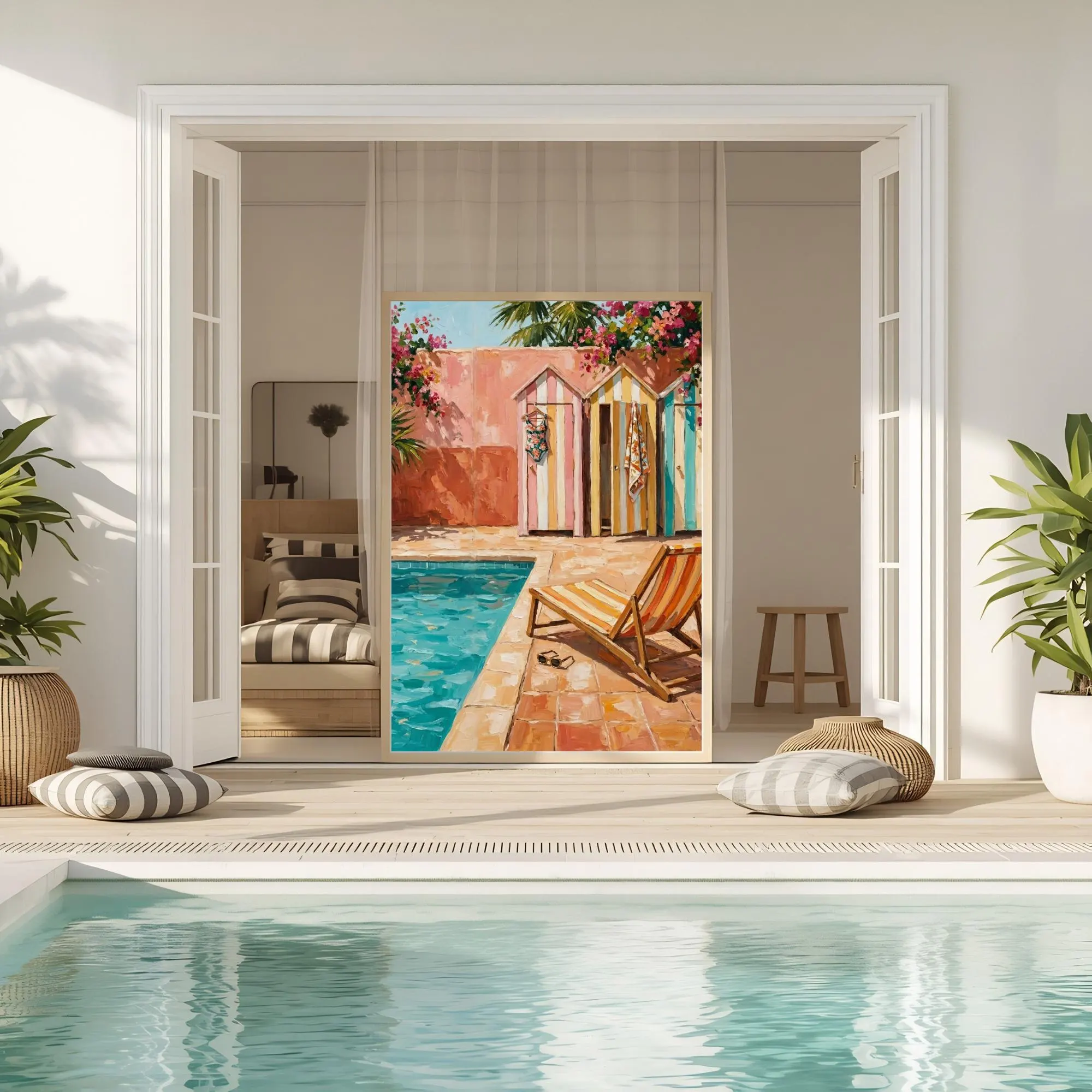 Mediterranean resort inspired wall art with luxury summer pool scene and colorful vacation cabanas in editorial painterly style