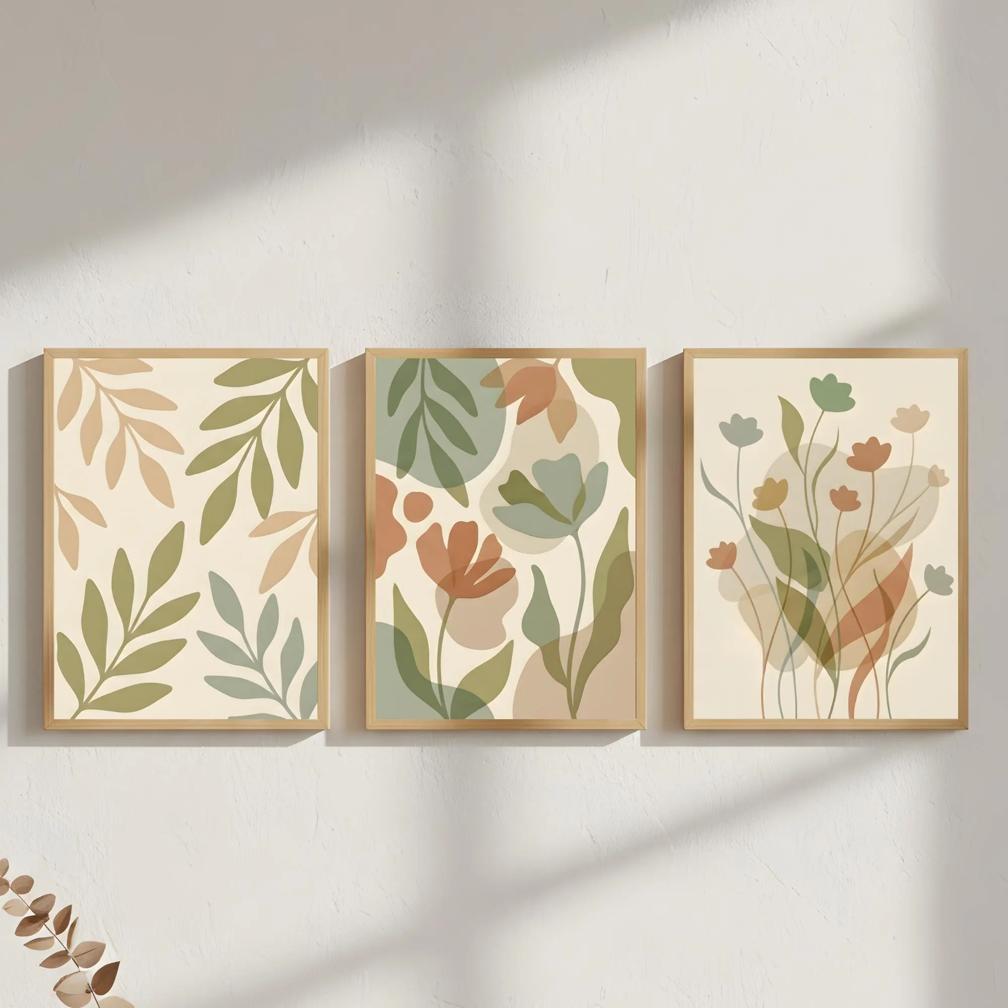 Muted botanical wall art set in sage green tones