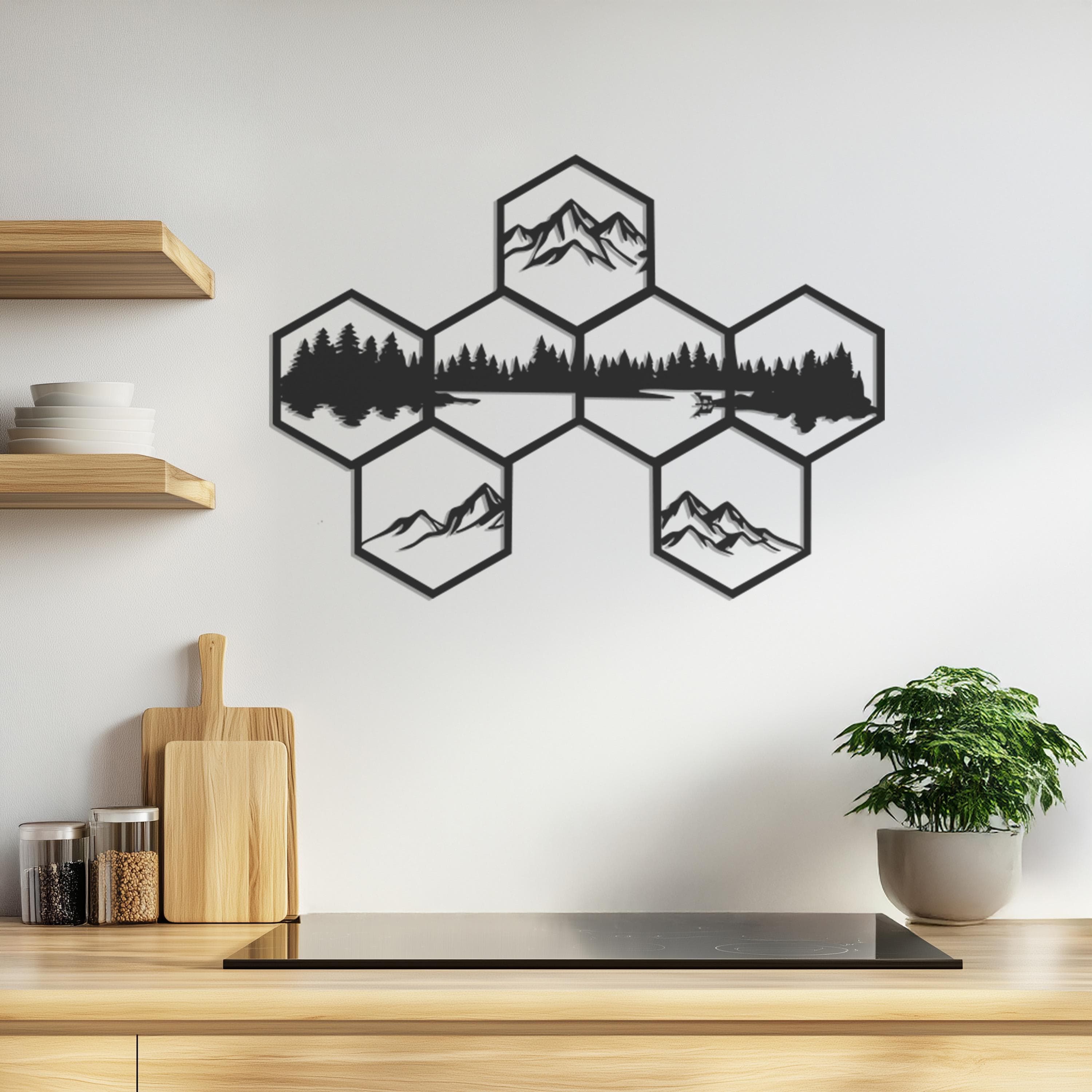 Geometric Mountain Forest Metal Wall Art, Hexagon Nature Wall Decor For Living Room Or Cabin, Rustic Wall Hanging, Lake Adventure Gift
