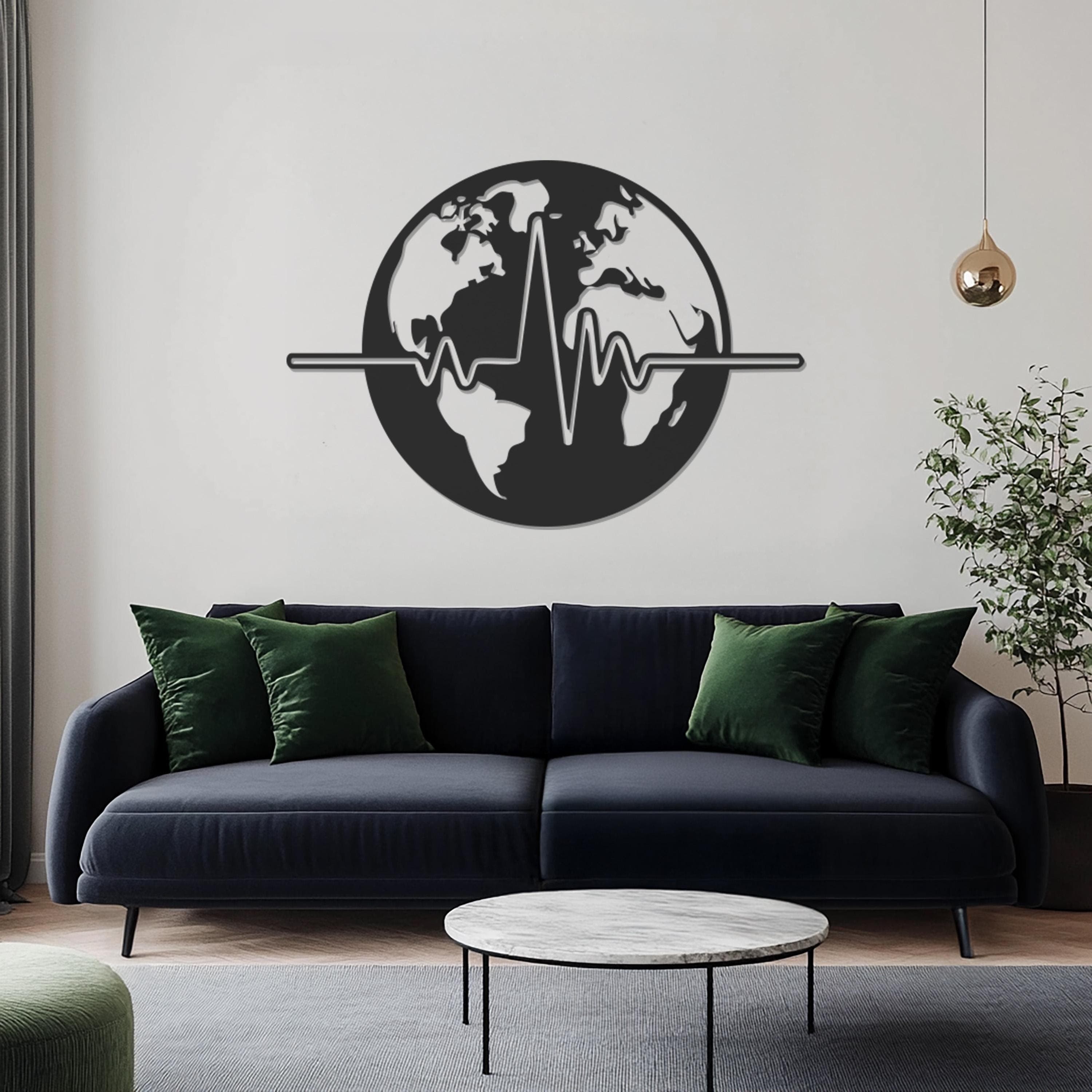 Heartbeat Wall Art, Metal Wall Decor, World Map Metal Wall Art, New Home Gift, Globe Wall Decor, Office Artwork, Housewarming Gift