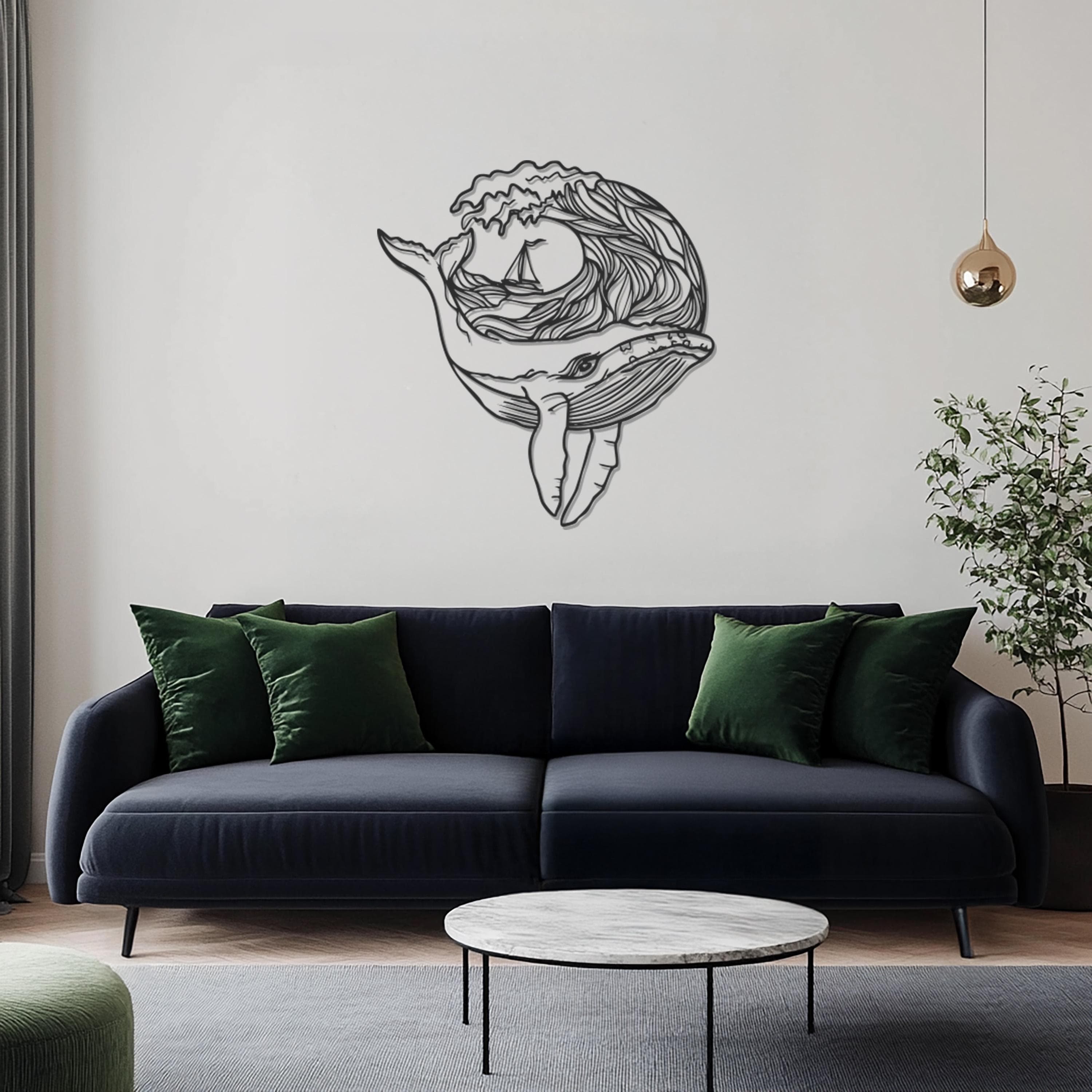 Whale Metal Wall Art, Nautical Ocean Wave Decor, Sailboat Sea Life Panel, Marine Animal Wall Sculpture, Wall Art, Coastal Living Room Gift - image 3