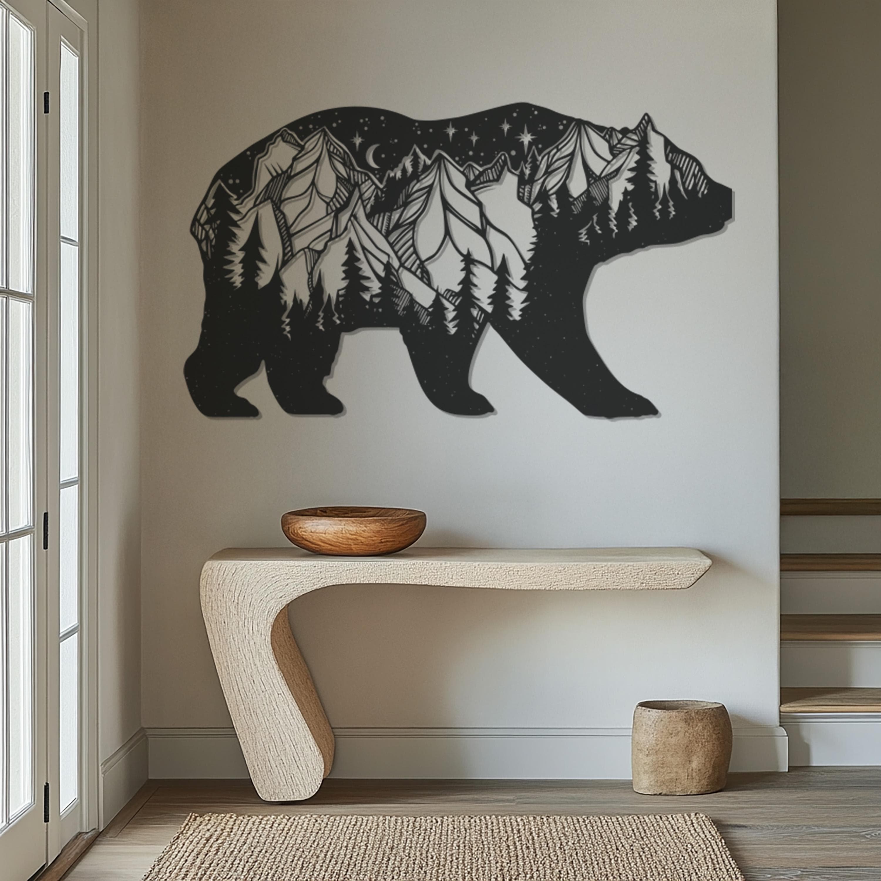 Bear Metal Wall Art, Nature-Inspired Mountain Bear Decor, Moon and Stars Metal Wall Hanging, Rustic Cabin Wall Decor, Metal Large Wall Art
