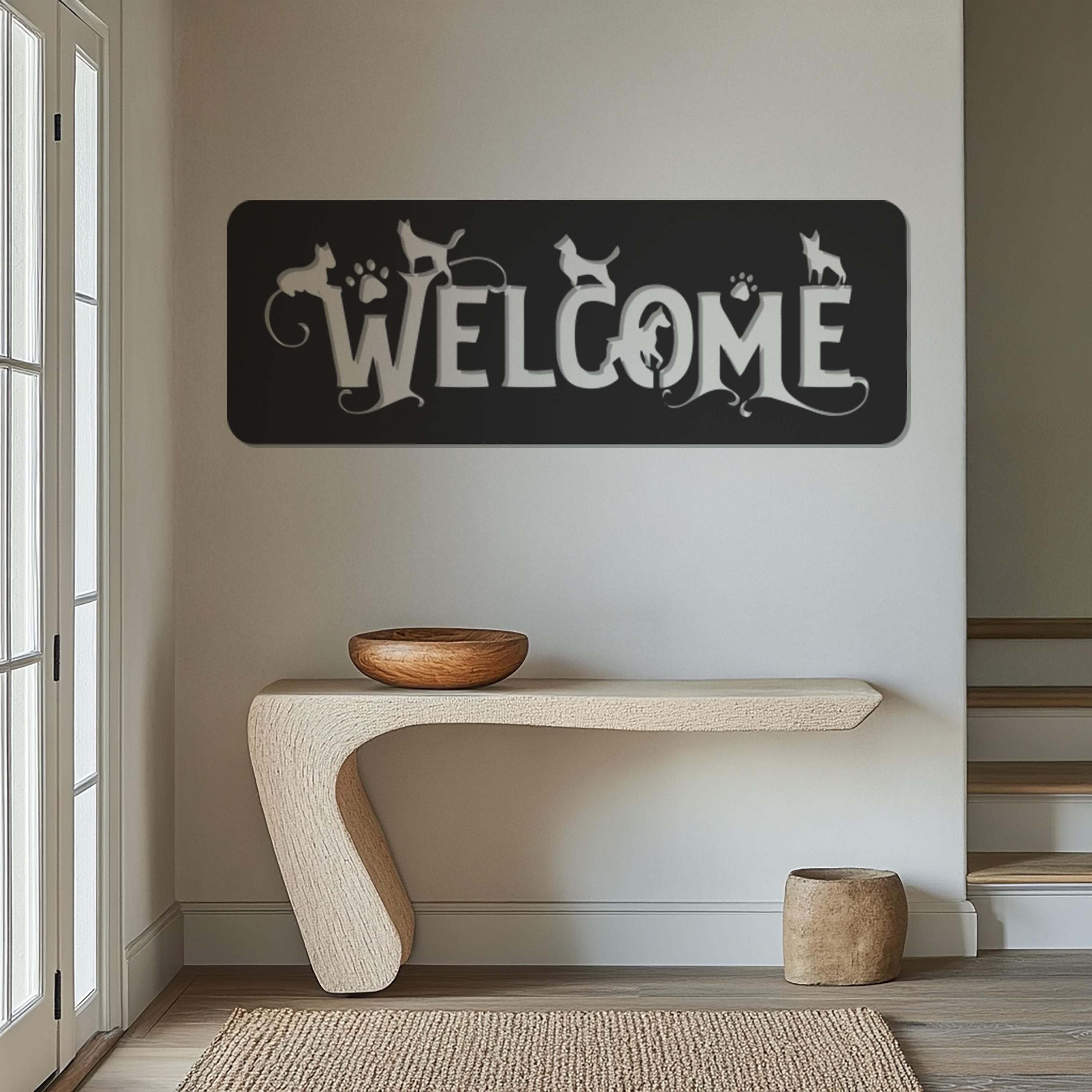 Pet Lover Welcome Sign, Metal Wall Art, Pet Lover Gift, Animal Theme Entryway Decor, Cute Cat and Dog Welcome Sign, Home, Porch Decoration