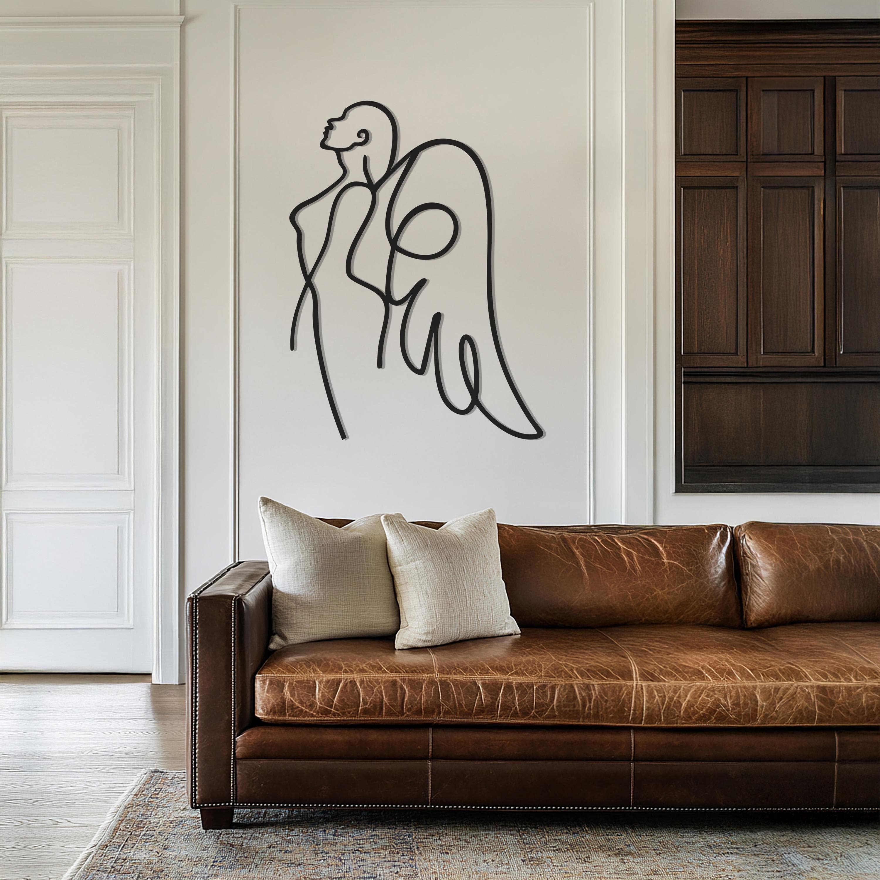 Angel Wings Metal Wall Art, Minimalist Angel Metal Decor, Guardian Angel Wall Hanging, Modern Spiritual Artwork, Abstract Metal Line Art