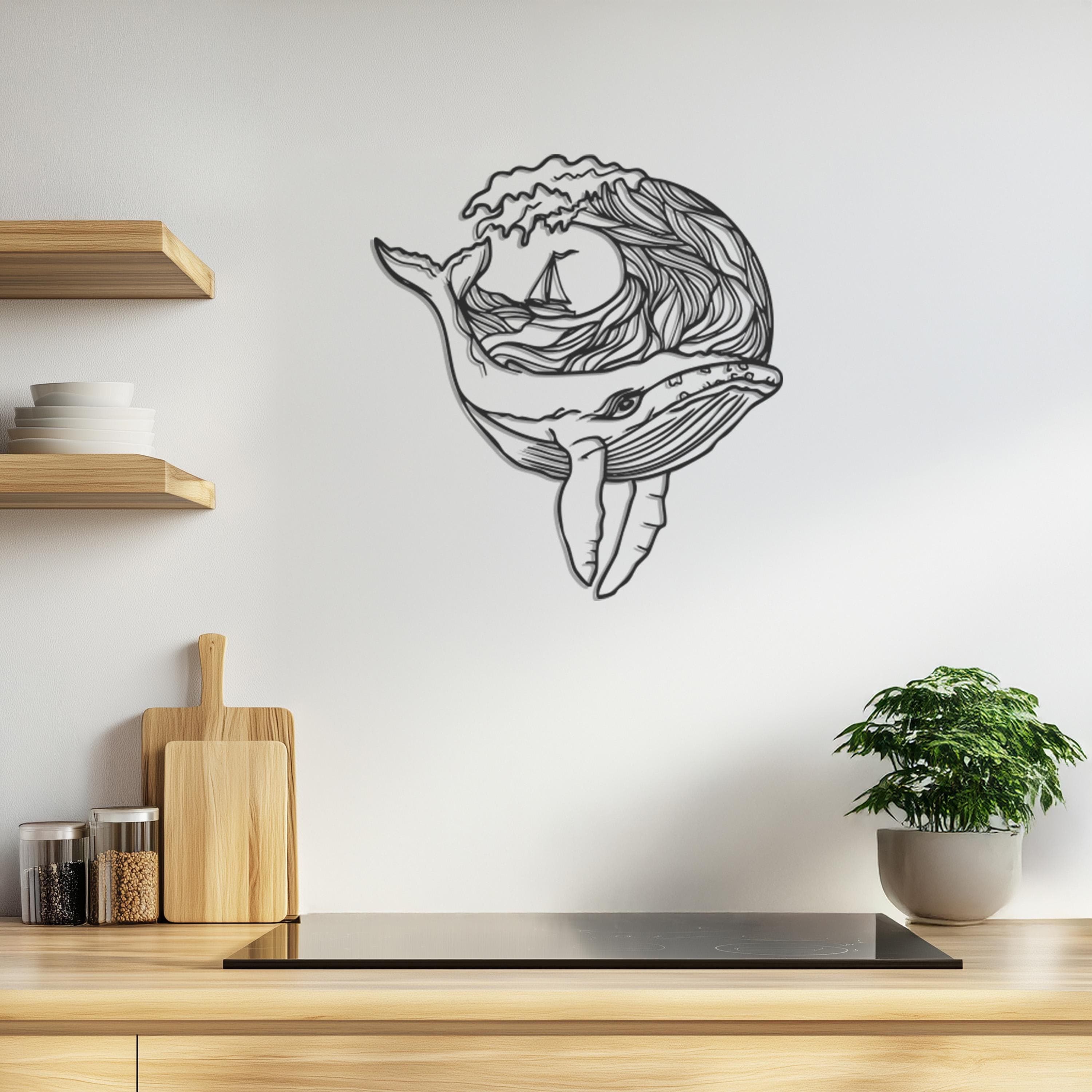 Whale Metal Wall Art, Nautical Ocean Wave Decor, Sailboat Sea Life Panel, Marine Animal Wall Sculpture, Wall Art, Coastal Living Room Gift - image 5