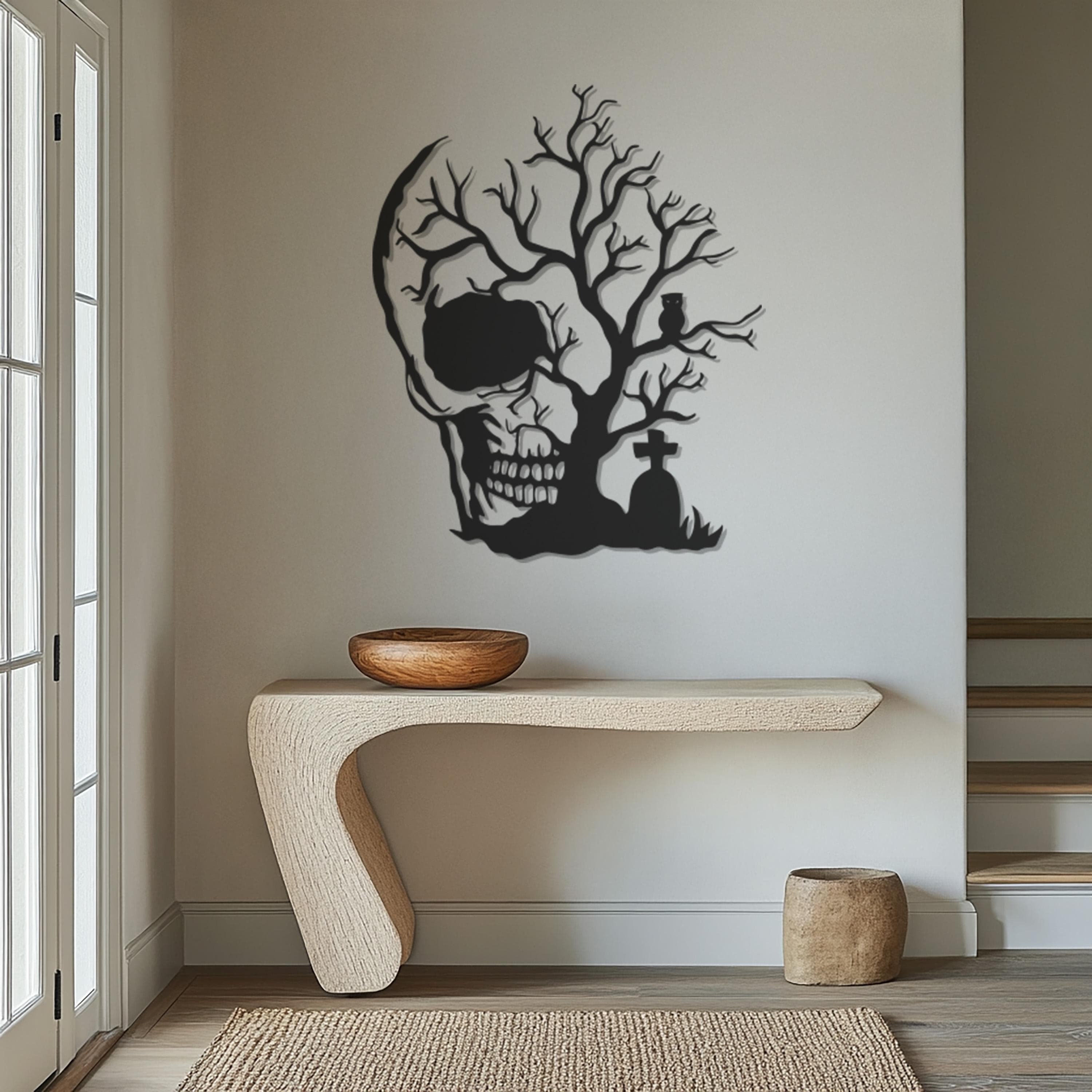 Metal Skull Wall Art, Gothic Cemetery Decor, Spooky Tree Wall Hanging, Halloween Metal Sign, Horror Home Decor, Haunted House Wall Art