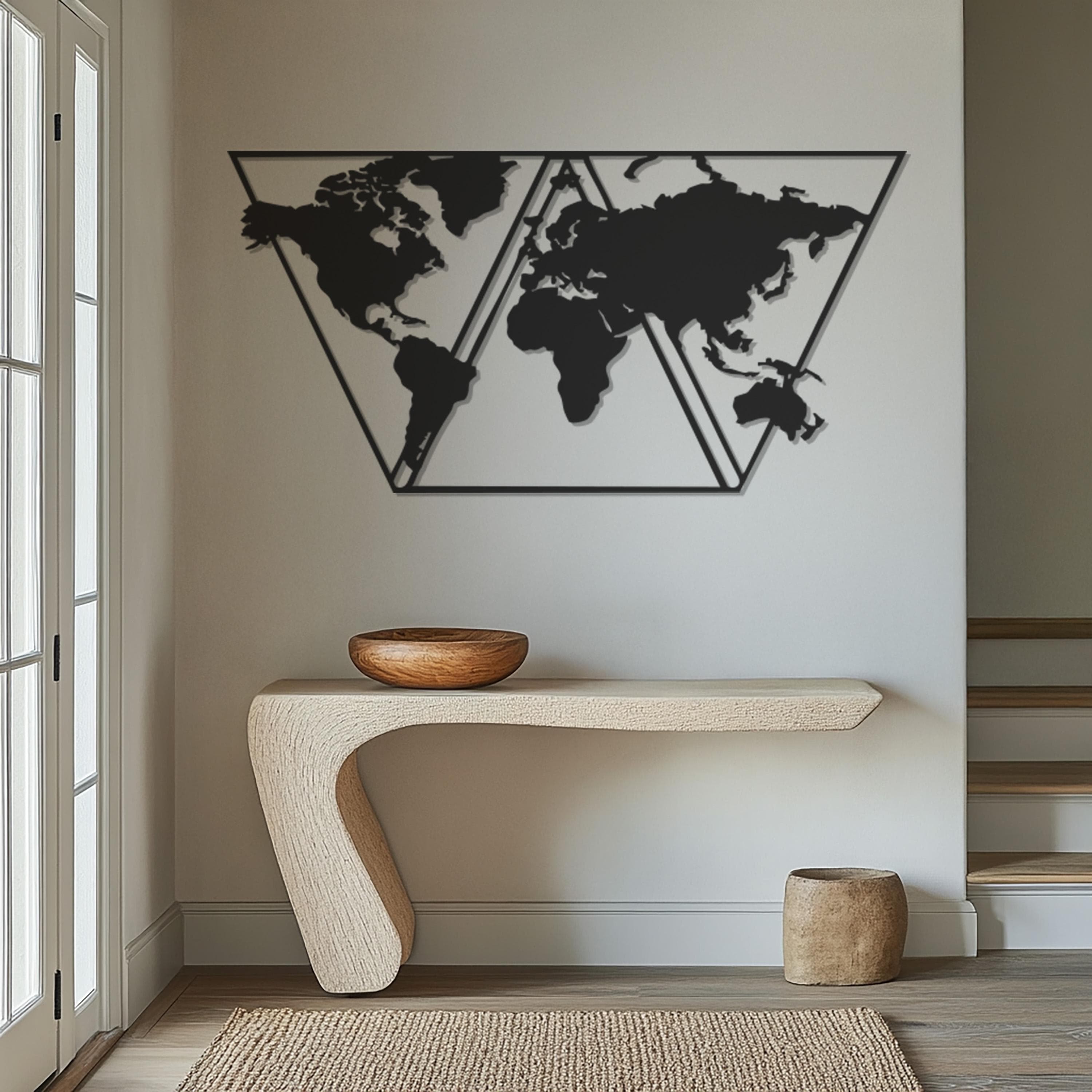 Geometric World Map Metal Wall Art, Large Modern Wall Decor, Travel Lover Gift, Minimalist Industrial Home Decoration, Office Wall Hanging