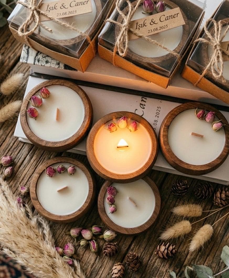 Personalized Wedding Favor Candle: Rustic Wooden Candle Holder, Bridal Shower, Engagement, Baptism Gift