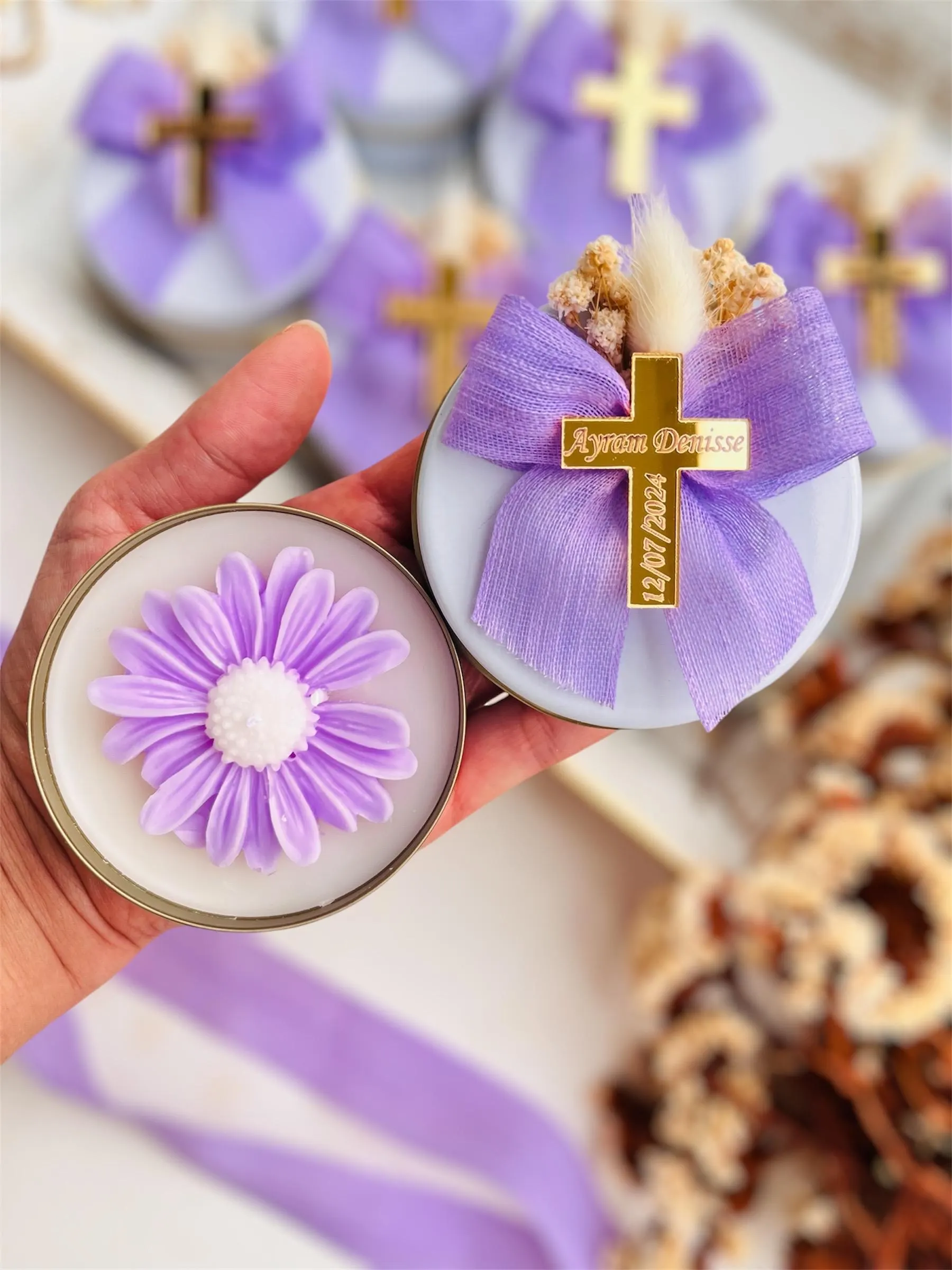 Personalized Lilac Baptism Candle Favors: Christening Gift,First Communion