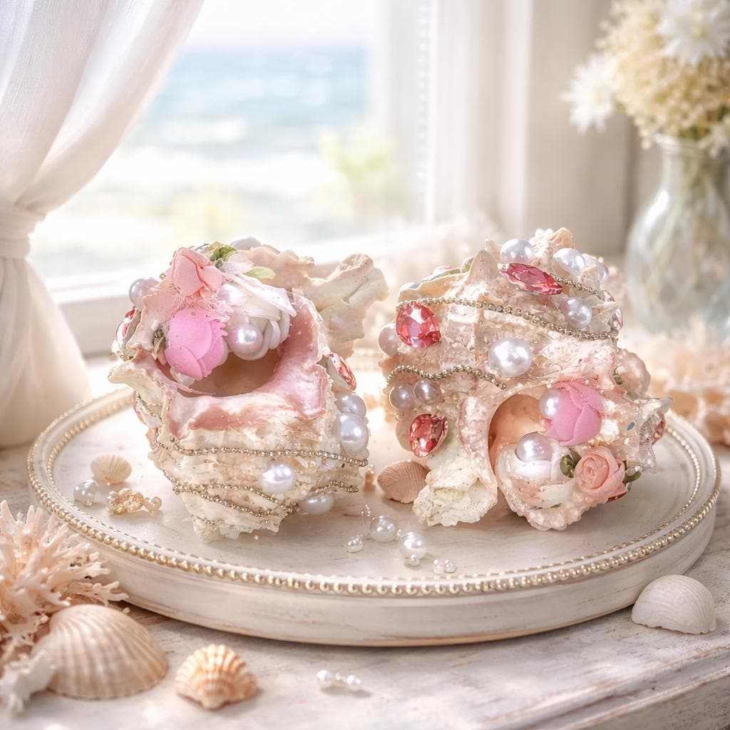 Embellished Whimsical Glamorous Beaded Seashell Decor Ornaments,  Nautical Coastal Beachy Vanity Deco - image 4
