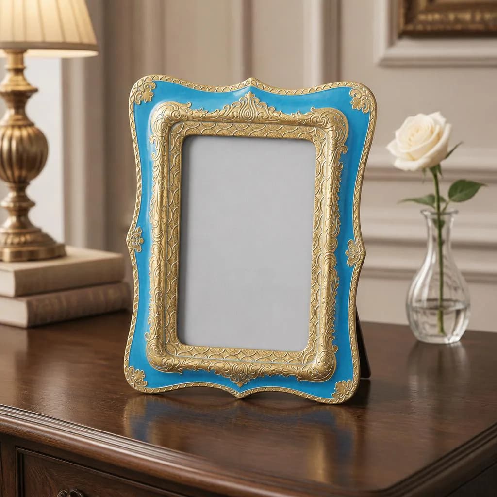 Blue Gold Ornate Baroque Picture Frame, Distressed Victorian Style (5"x7")
