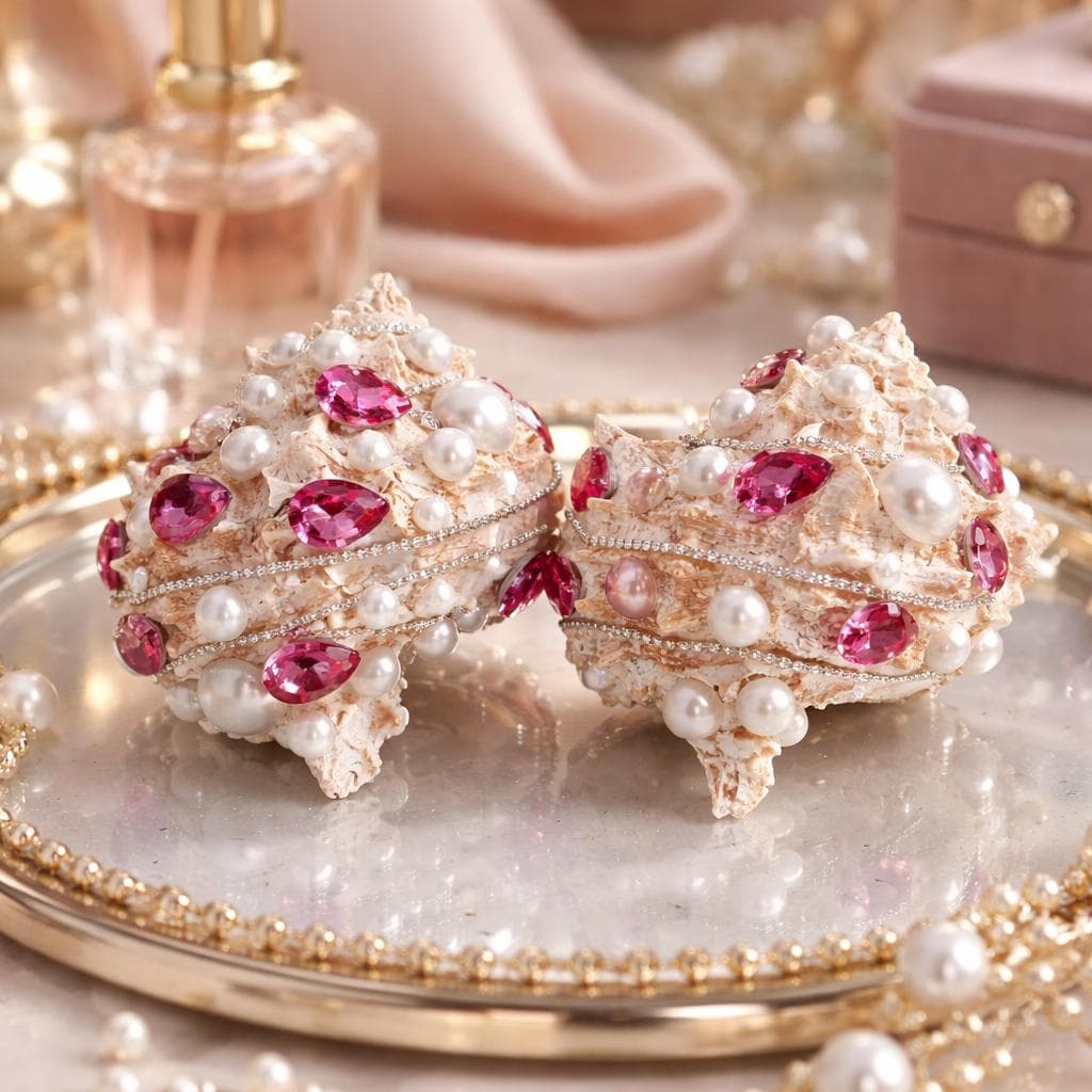 Embellished Whimsical Glamorous Beaded Seashell Decor Ornaments,  Nautical Coastal Beachy Vanity Deco