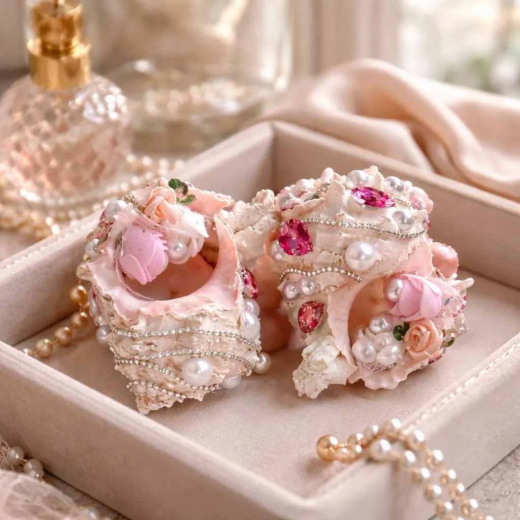 Embellished Whimsical Glamorous Beaded Seashell Decor Ornaments,  Nautical Coastal Beachy Vanity Deco - image 3