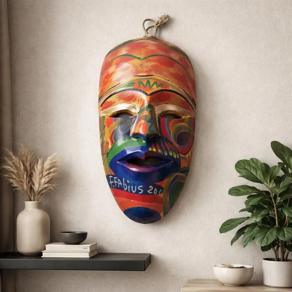 Vintage Handcarved Wood Mask, F.Fabius 2000, Bohemian Decor - image 4