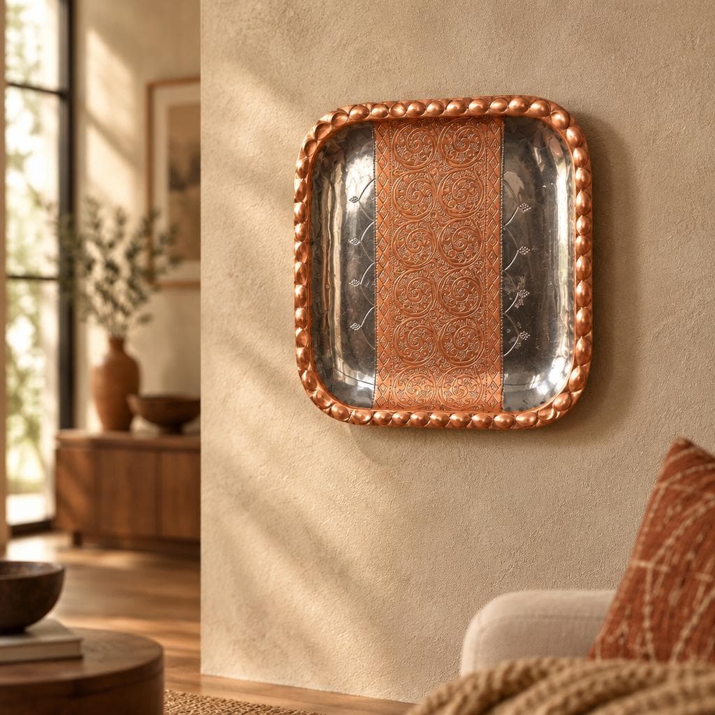 A Vintage Square Handcrafted Metallic Tray,  Embossed Copper-Toned Floral Geometric Patterns Wall Hanging Decor