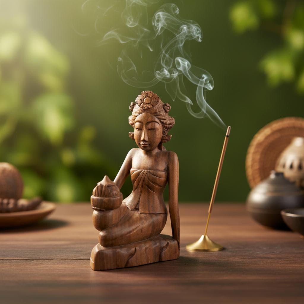 Hand-Carved Folklore Art Statuette Pensive Balinese Lady Dencer Art Sculpture, Bali, Indonesia,1950s, 8"H×5.5"W