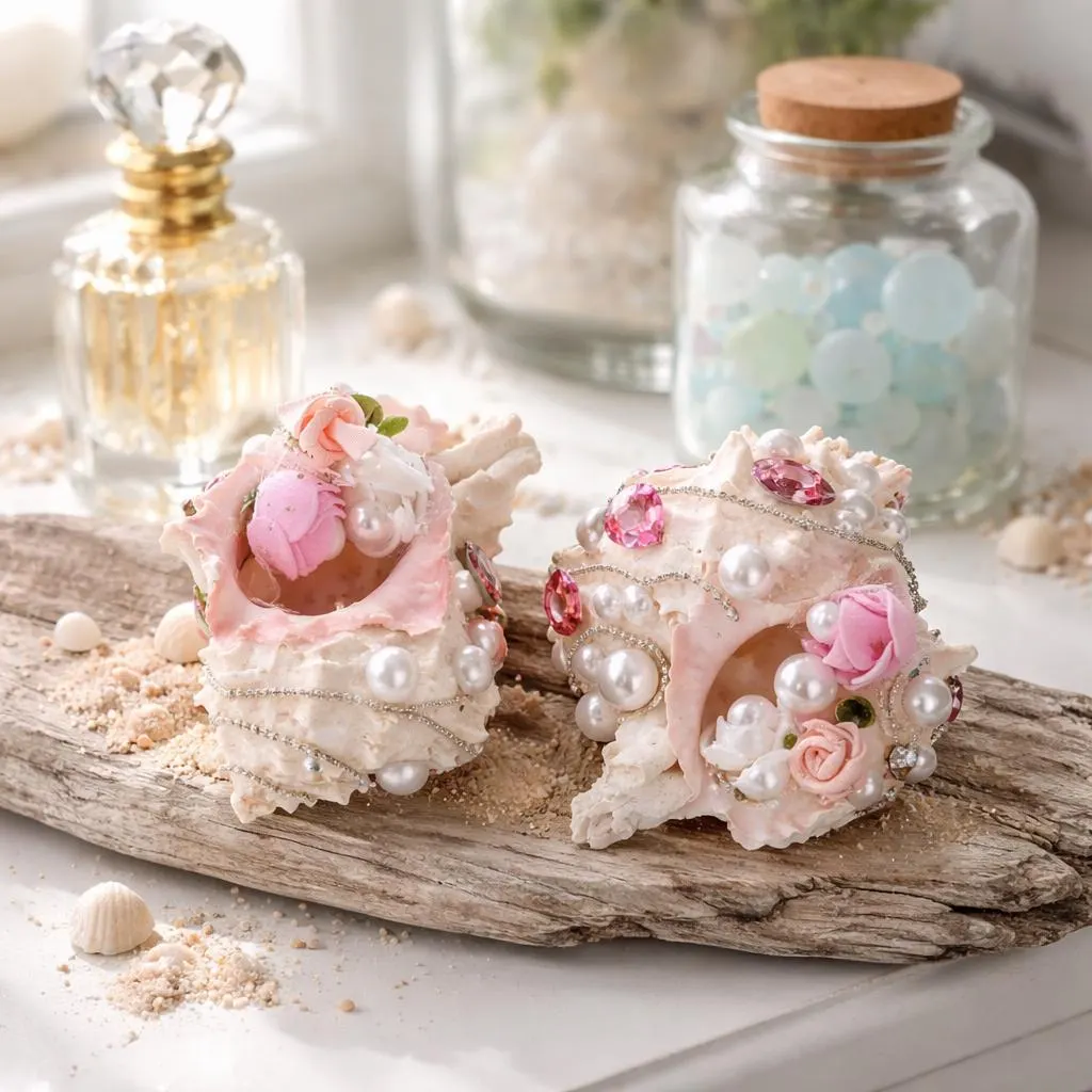 Embellished Whimsical Glamorous Beaded Seashell Decor Ornaments,  Nautical Coastal Beachy Vanity Deco - image 5