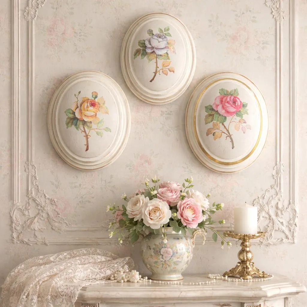 Retro Hand Painted Oval Frame Wall Hanging 3D Rose Flower Design Set of 3, Valentine's Easter Wonderland Greenland Decor, Farmhouse Cottagy - image 3