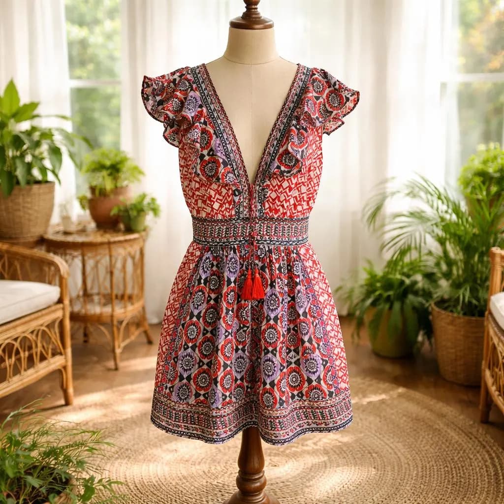 Authentic Anthropologie Women's Beaded Embroidered Floral Design Dress Sise 6, Bohemian Hippie Colorful Summer Dress - image 4