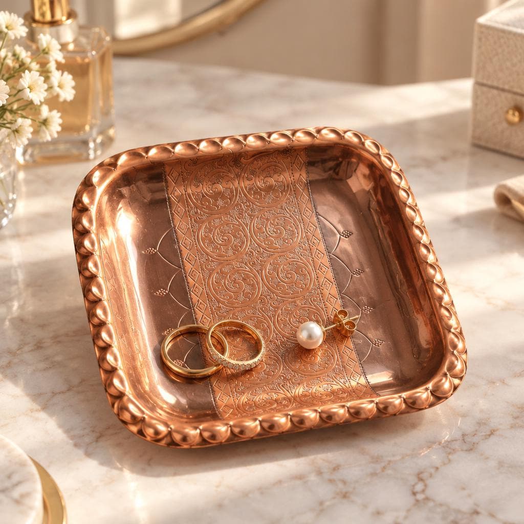 A Vintage Square Handcrafted Metallic Tray,  Embossed Copper-Toned Floral Geometric Patterns Wall Hanging Decor - image 5