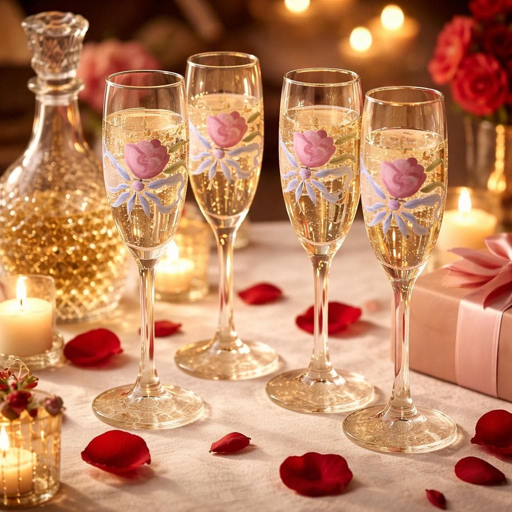 Vintage  Masterpiece Hand Painted French Country Shabby Chic Floral Design Flutes Glassware, Anniversary Wedding, Christmas Glassware