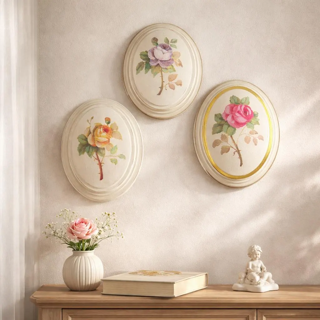 Retro Hand Painted Oval Frame Wall Hanging 3D Rose Flower Design Set of 3, Valentine's Easter Wonderland Greenland Decor, Farmhouse Cottagy - image 5