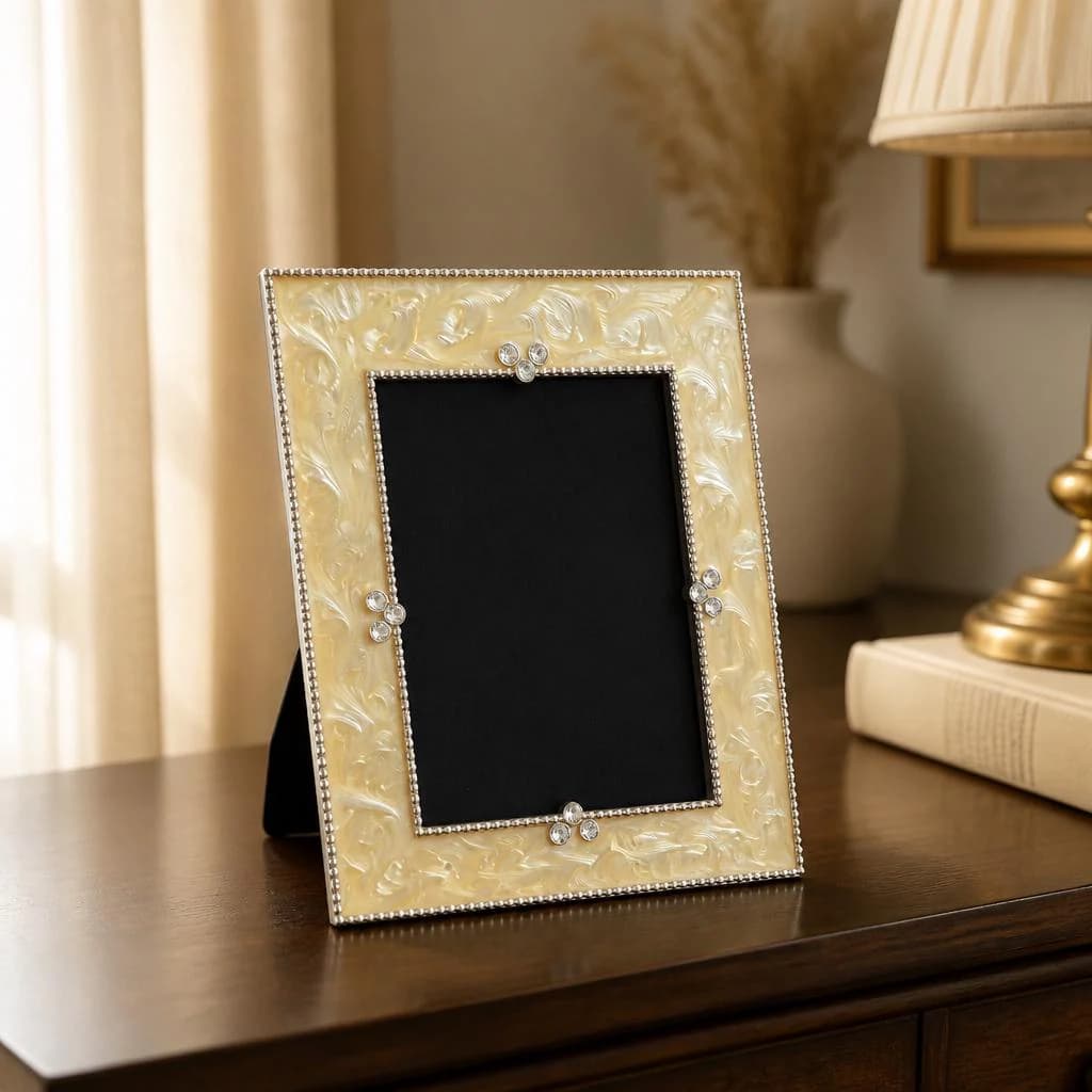 Art Deco Marbled Enamel Picture Frame with Rhinestones, Beaded Trim