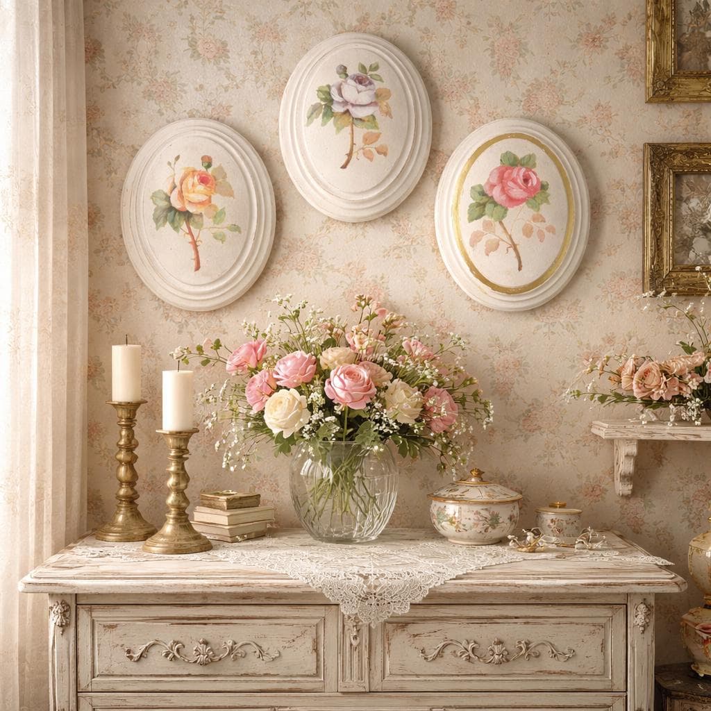 Retro Hand Painted Oval Frame Wall Hanging 3D Rose Flower Design Set of 3, Valentine's Easter Wonderland Greenland Decor, Farmhouse Cottagy