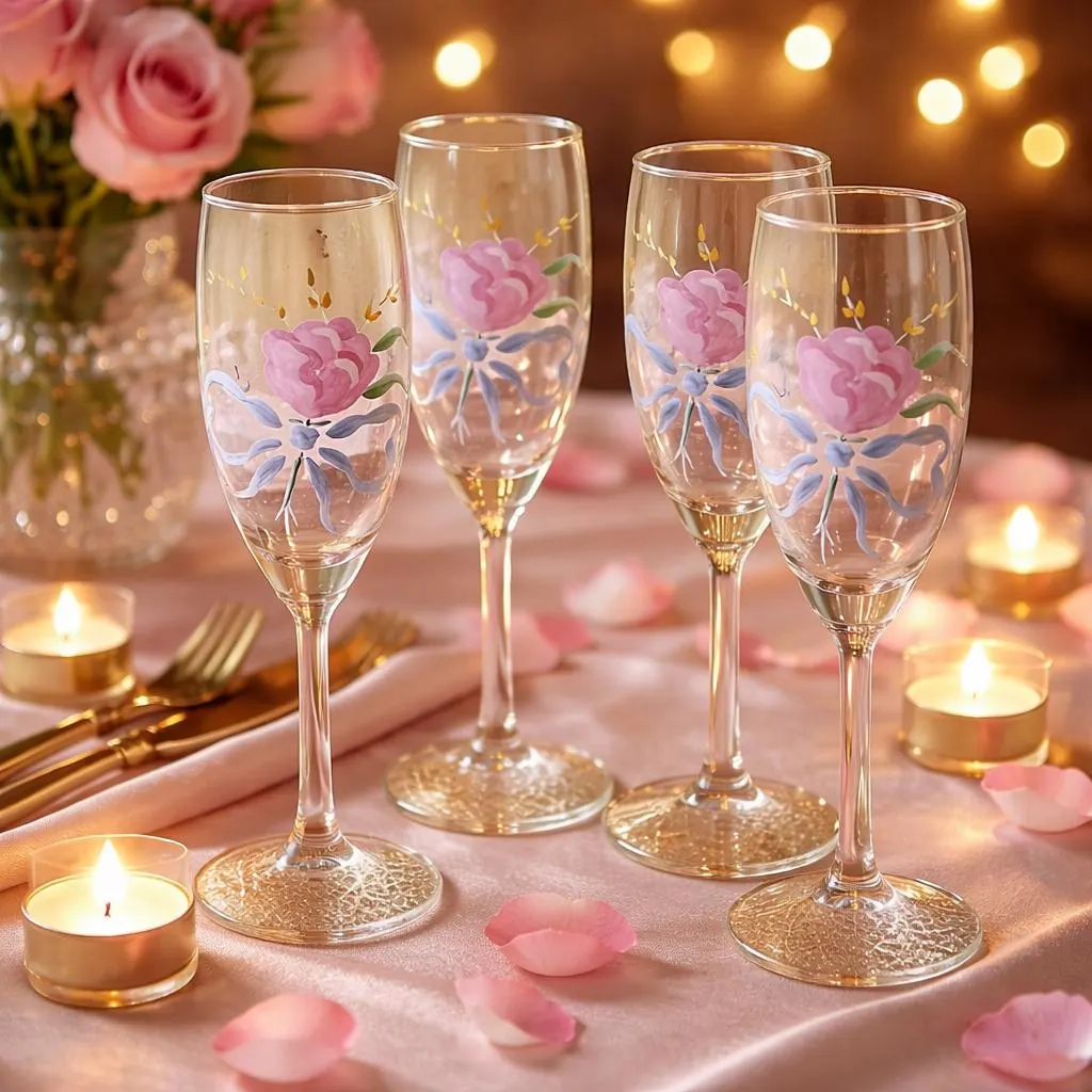 Vintage  Masterpiece Hand Painted French Country Shabby Chic Floral Design Flutes Glassware, Anniversary Wedding, Christmas Glassware - image 3