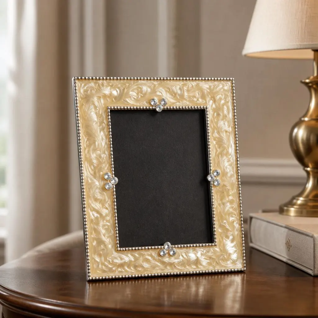 Art Deco Marbled Enamel Picture Frame with Rhinestones, Beaded Trim - image 2