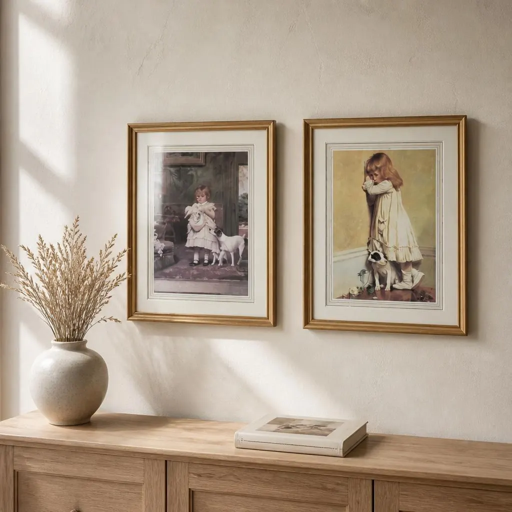 Vintage Framed Prints: "Puppy Love" by Charles Burton Barber, Set of 2 Gallery Wall Decor - image 2