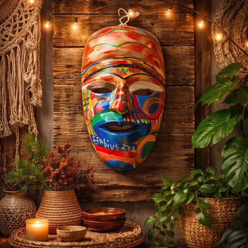 Vintage Handcarved Wood Mask, F.Fabius 2000, Bohemian Decor