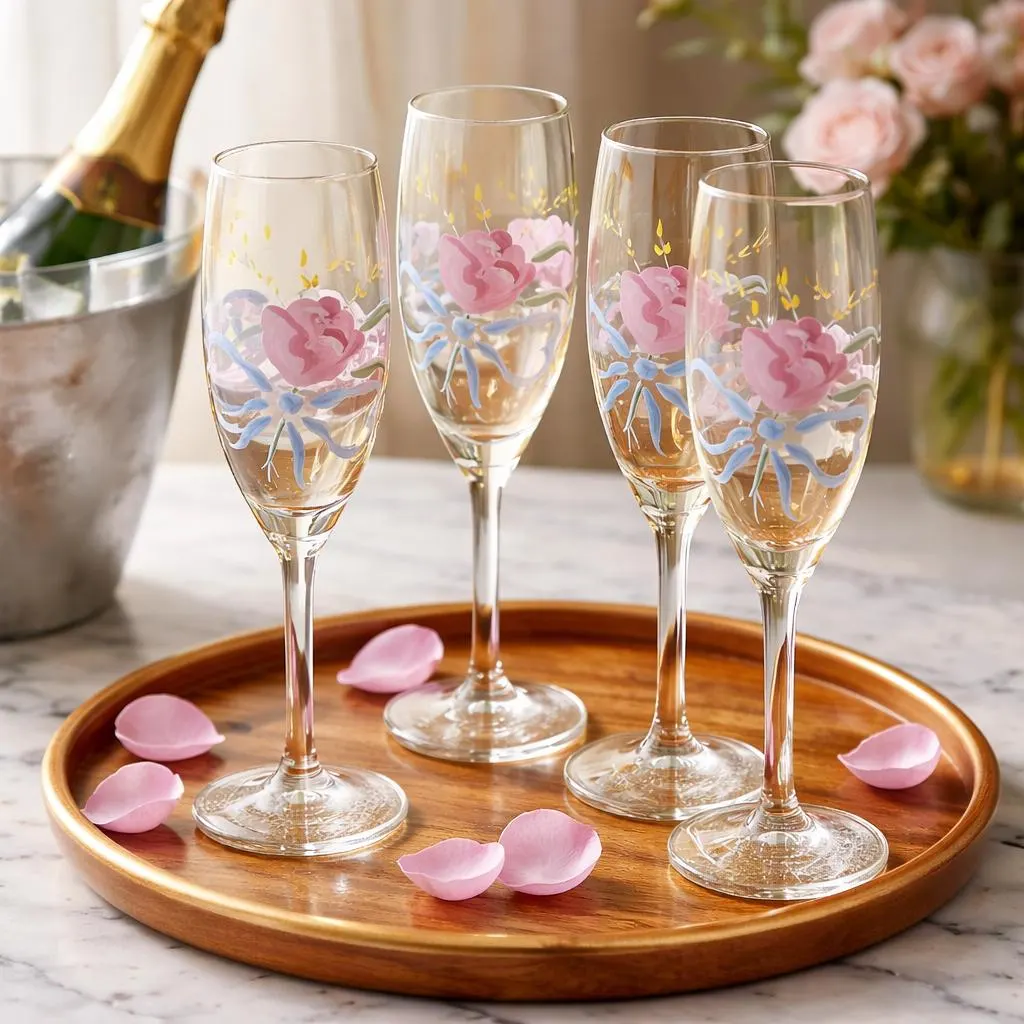 Vintage  Masterpiece Hand Painted French Country Shabby Chic Floral Design Flutes Glassware, Anniversary Wedding, Christmas Glassware - image 4