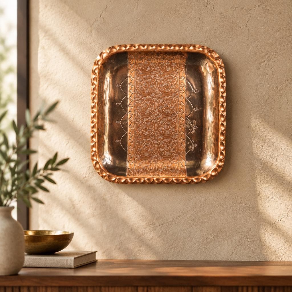 A Vintage Square Handcrafted Metallic Tray,  Embossed Copper-Toned Floral Geometric Patterns Wall Hanging Decor - image 3